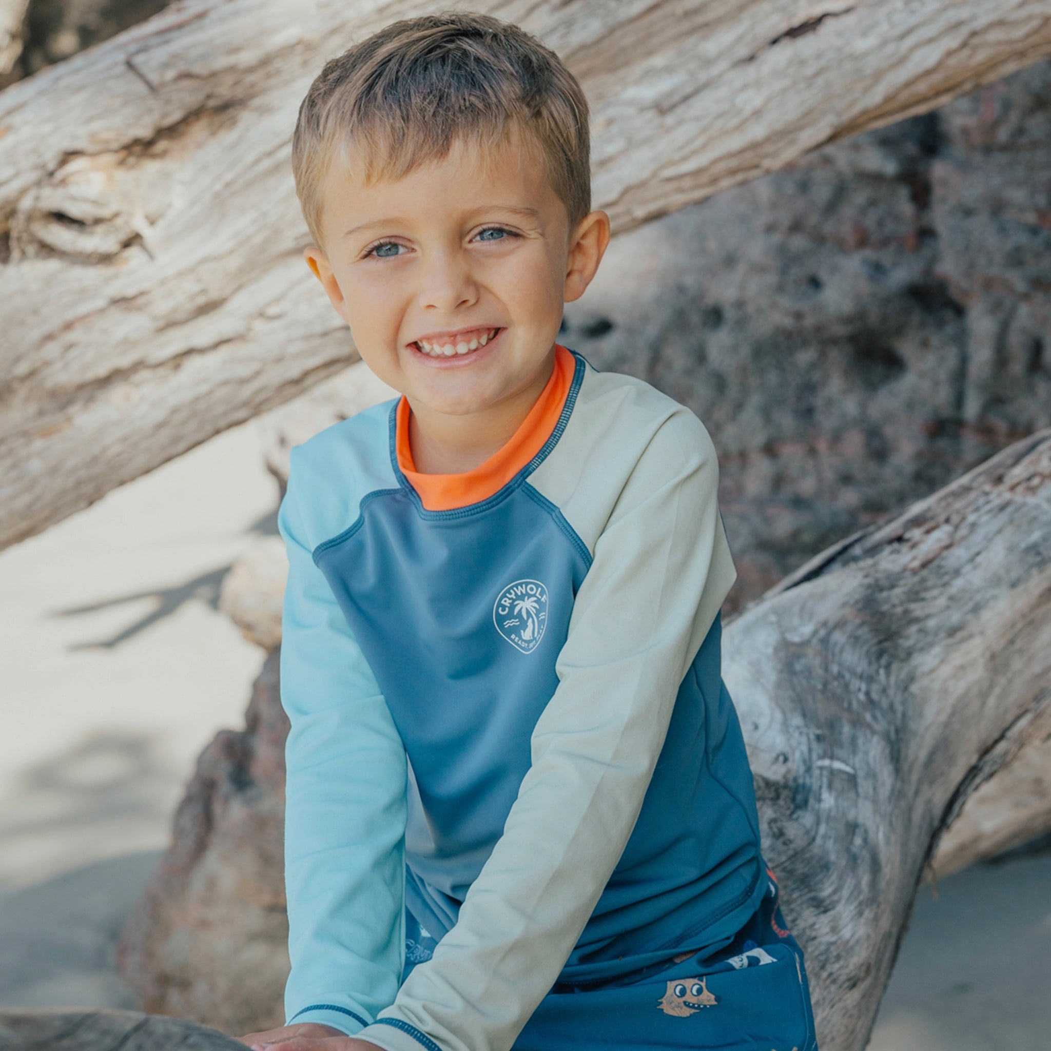 Young boy wearing a blue and gray shirt with an orange collar, sitting on a beach with driftwood.