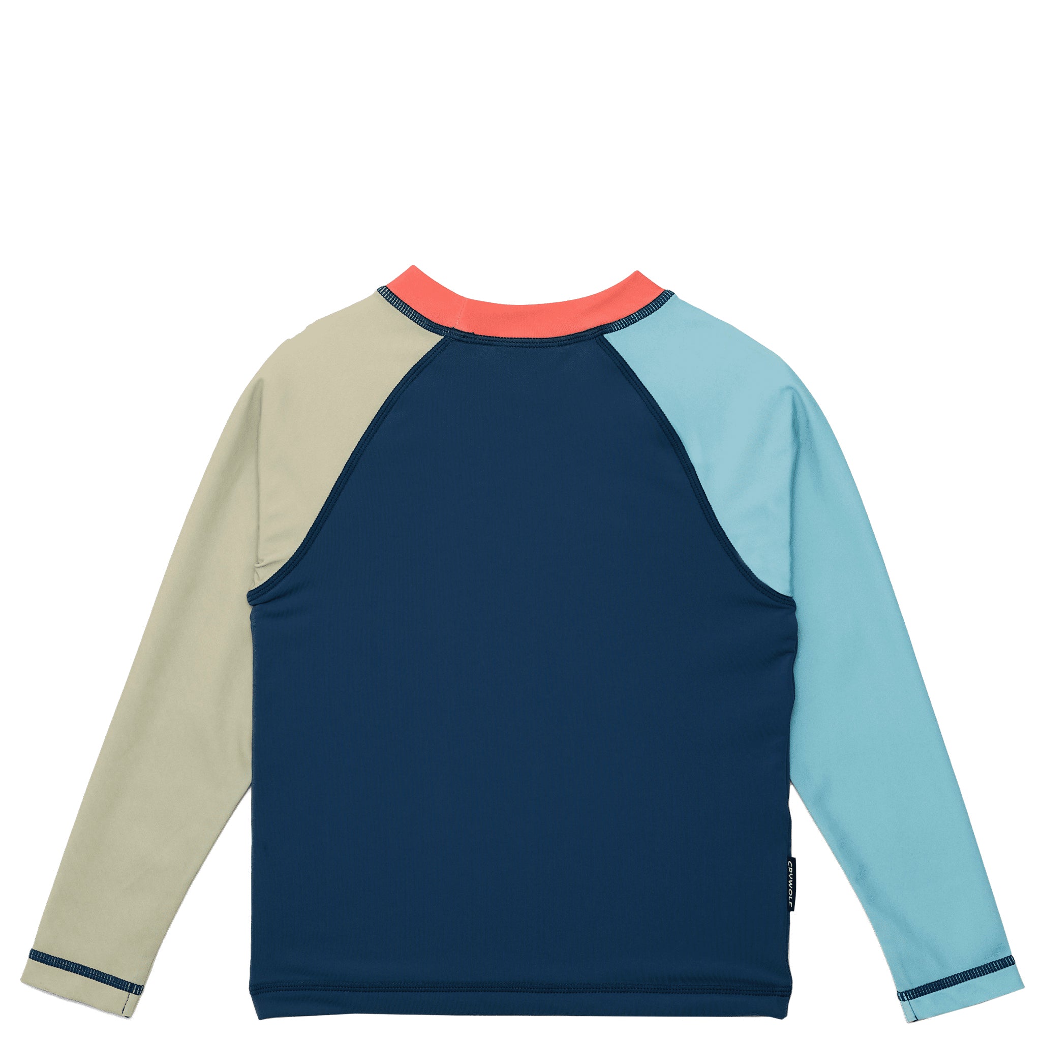 Navy long-sleeve rash vest with beige and light blue sleeves on a white background