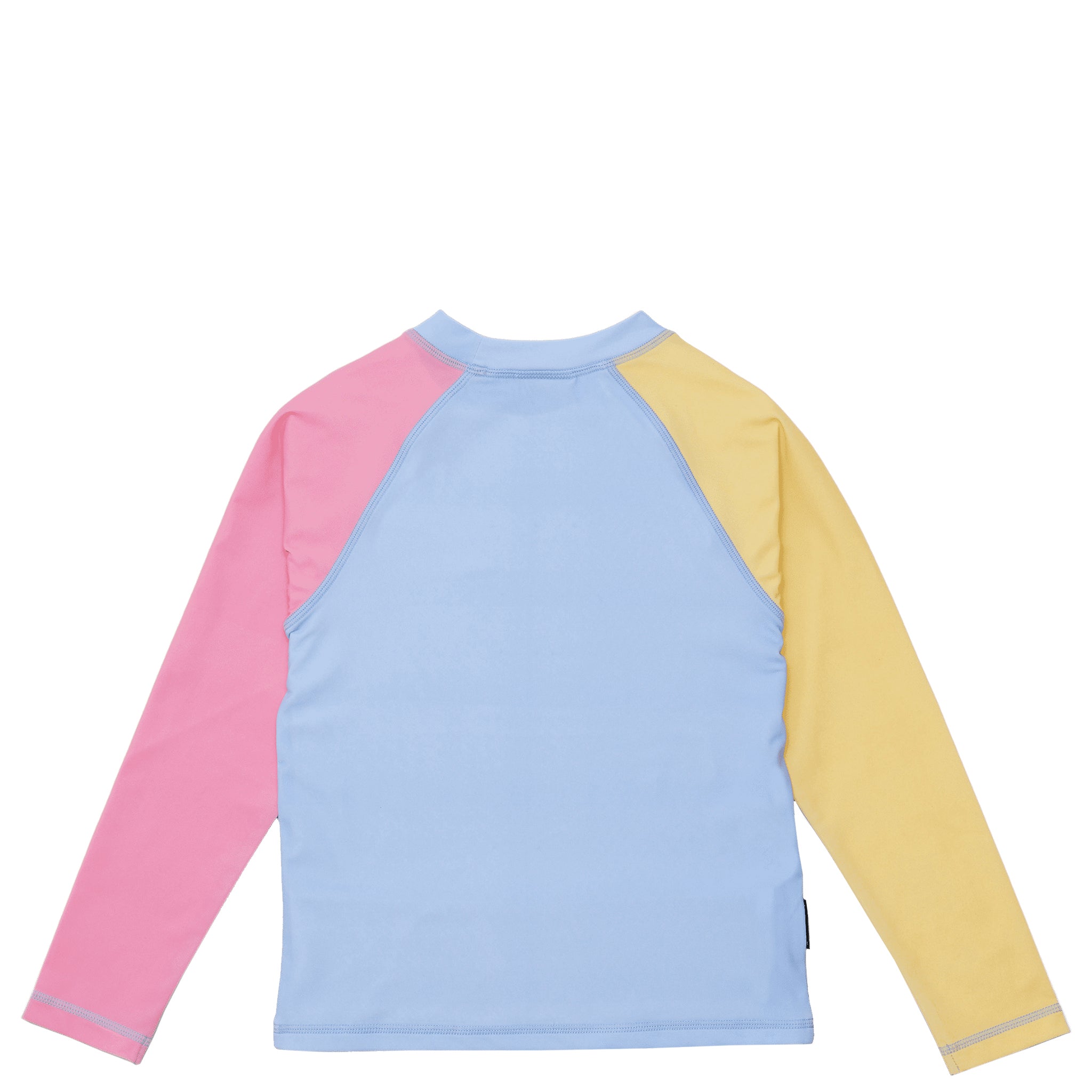 Color-blocked long-sleeve rash vest with pink, blue, and yellow sleeves on a white background