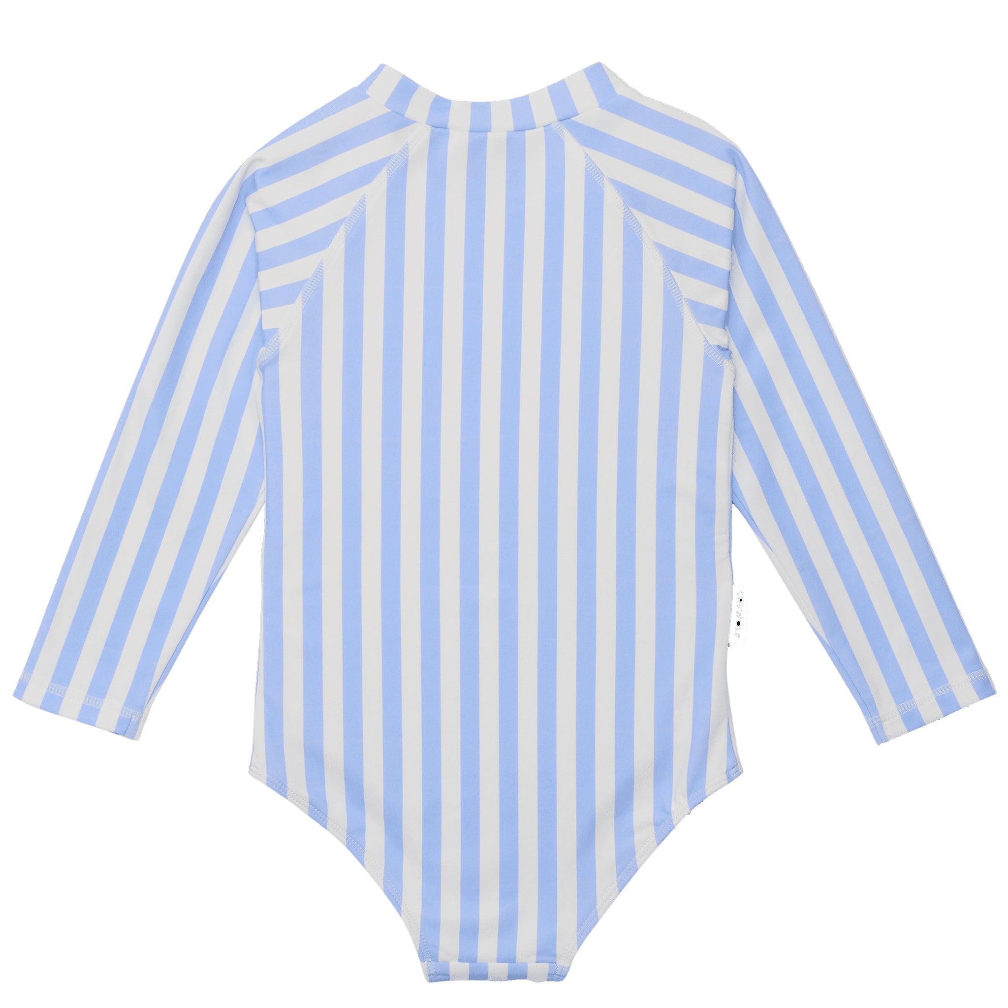 Blue and white striped swimsuit with long sleeves on a white background