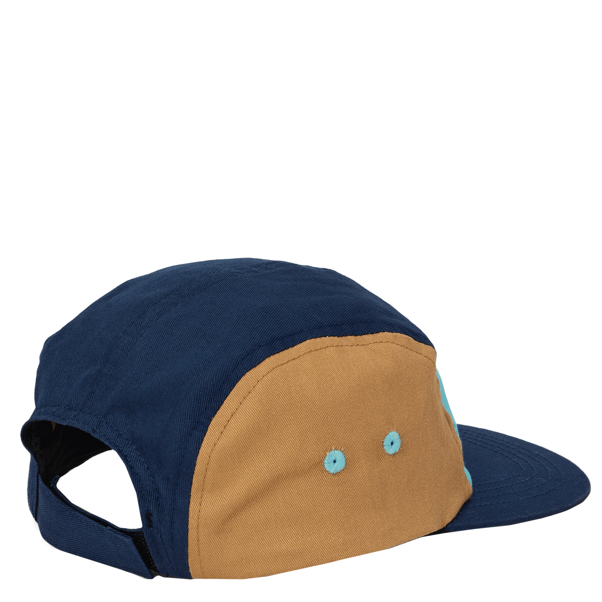 Two-tone navy and beige cap with blue accents on a white background