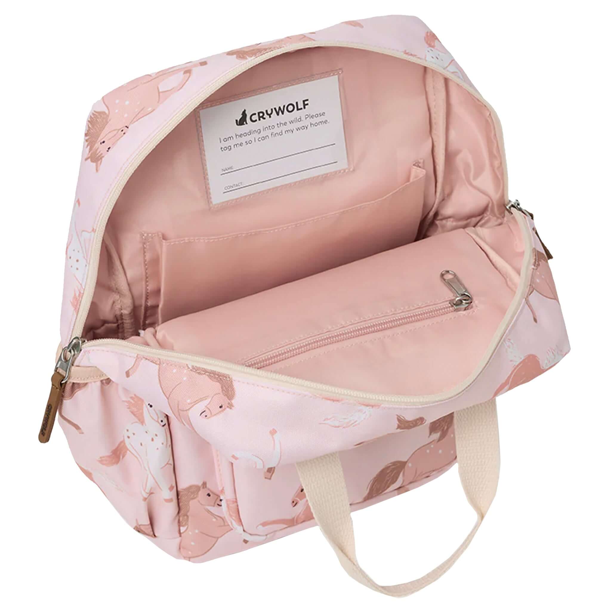 Alt Tag: Crywolf Mini Backpack - Blush Ponies open interior showing 9L main compartment, zip pocket and durable water-resistant recycled fabric