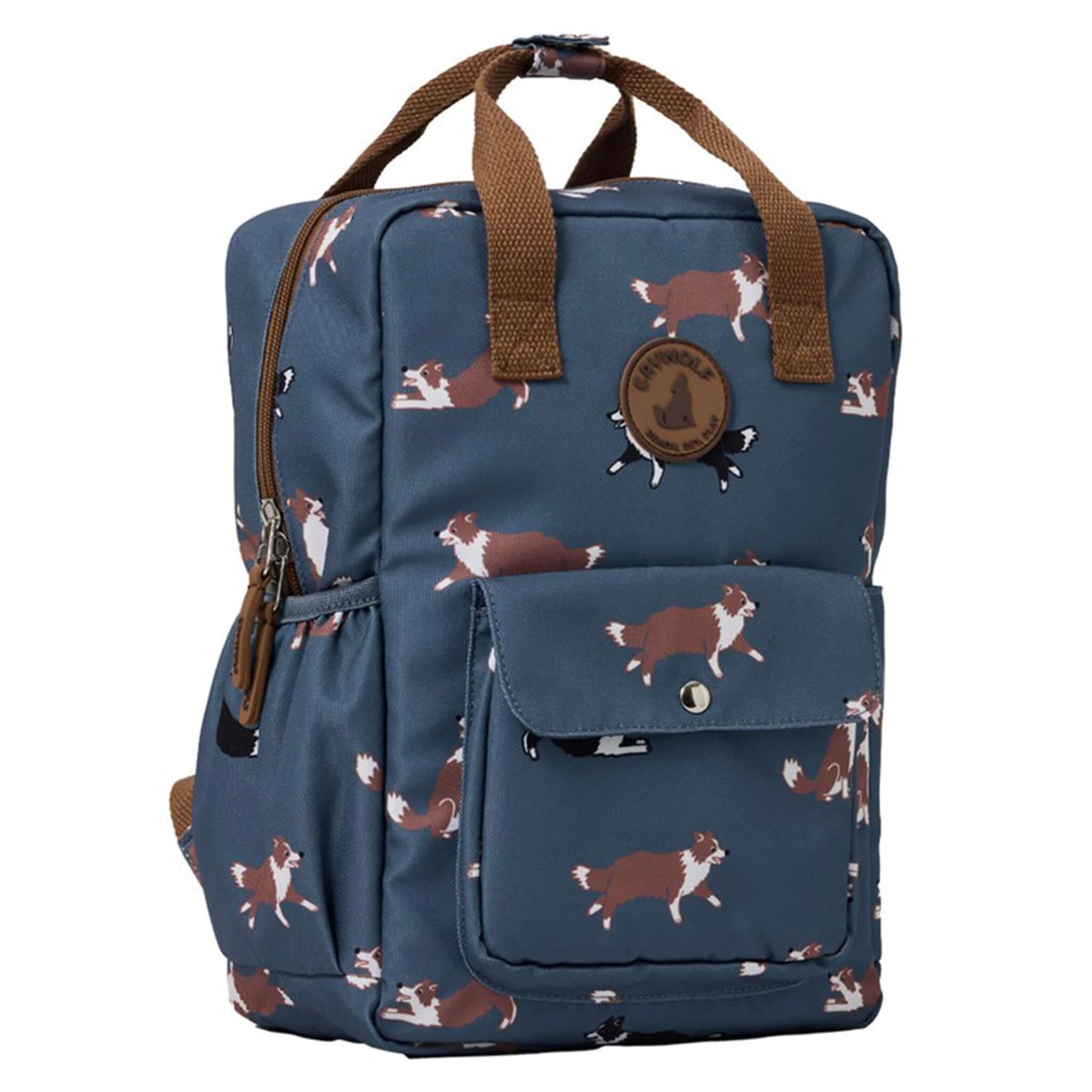 Alt Tag: Crywolf Mini Backpack - Collies navy kids backpack with collie print, front pocket, durable water-resistant recycled material