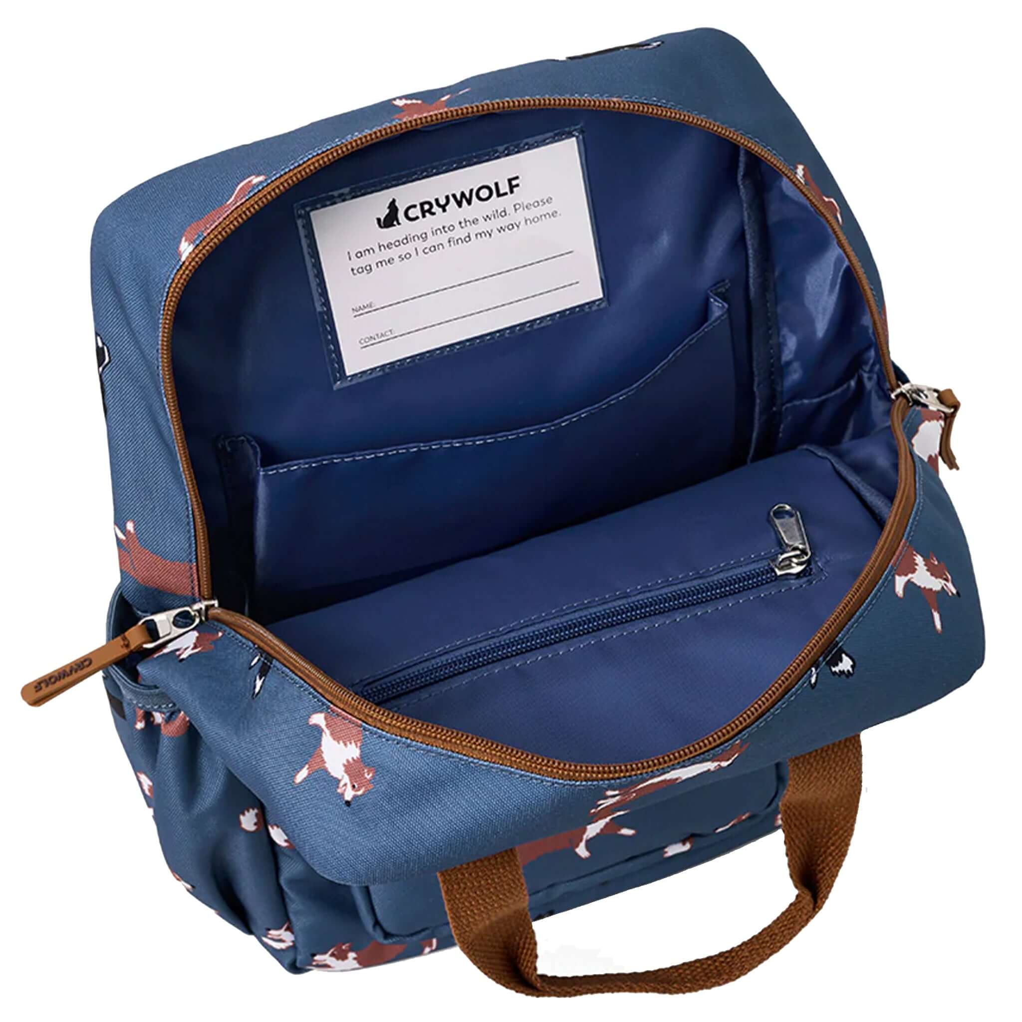 Alt Tag: Crywolf Mini Backpack - Collies open interior view, 9L kids backpack with zip pocket, water-resistant recycled fabric