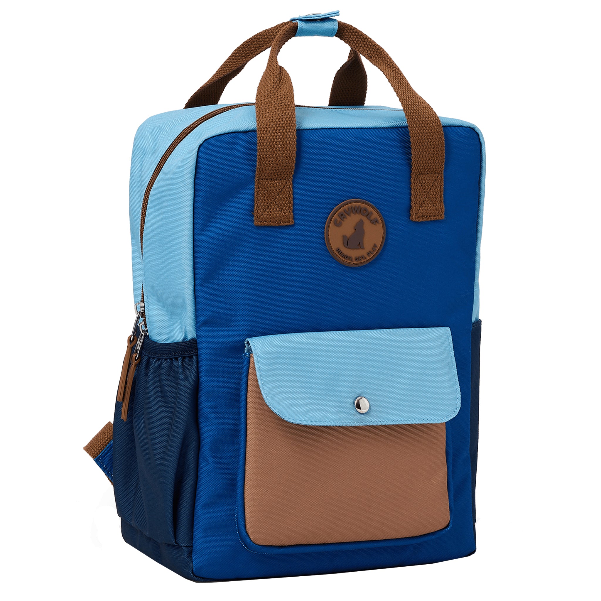 Blue and brown backpack with a visible brand logo on a white background