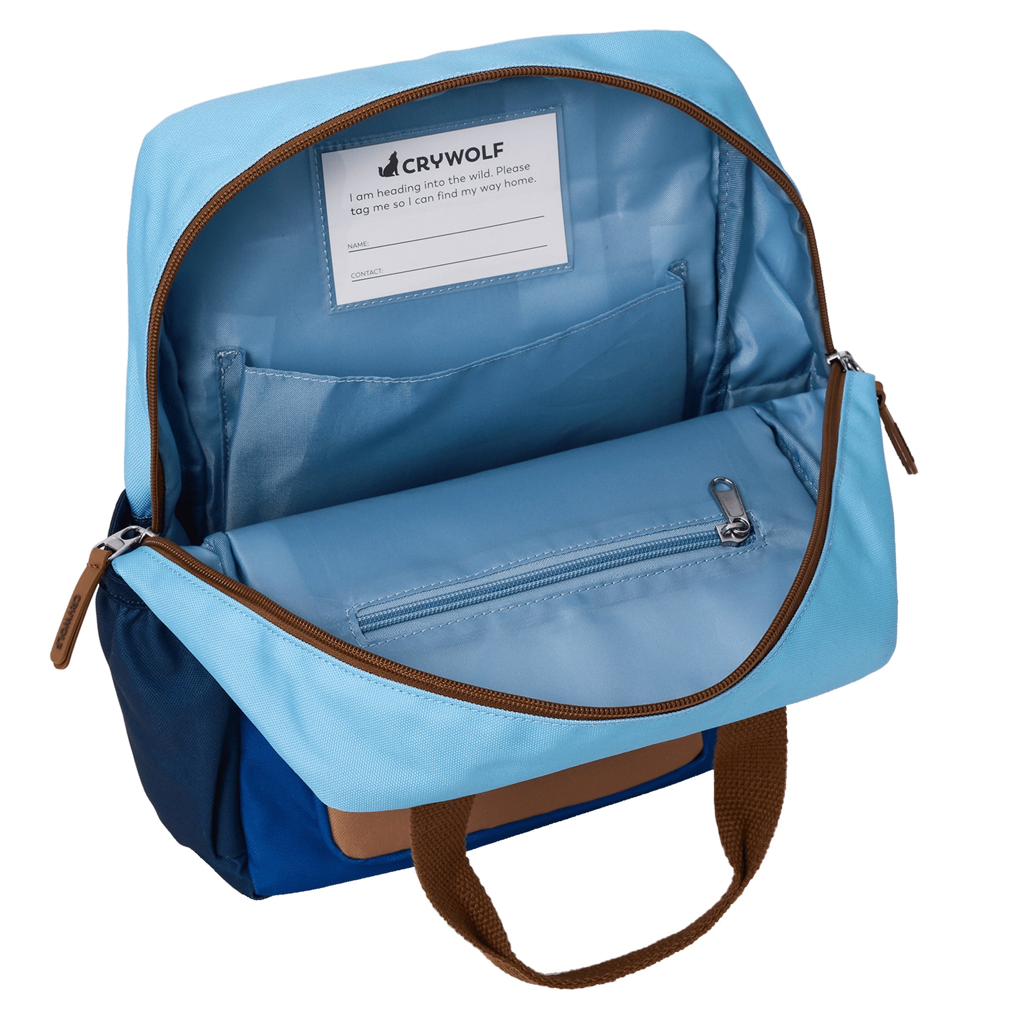 Open blue backpack with brown straps and a visible Crywolf label.
