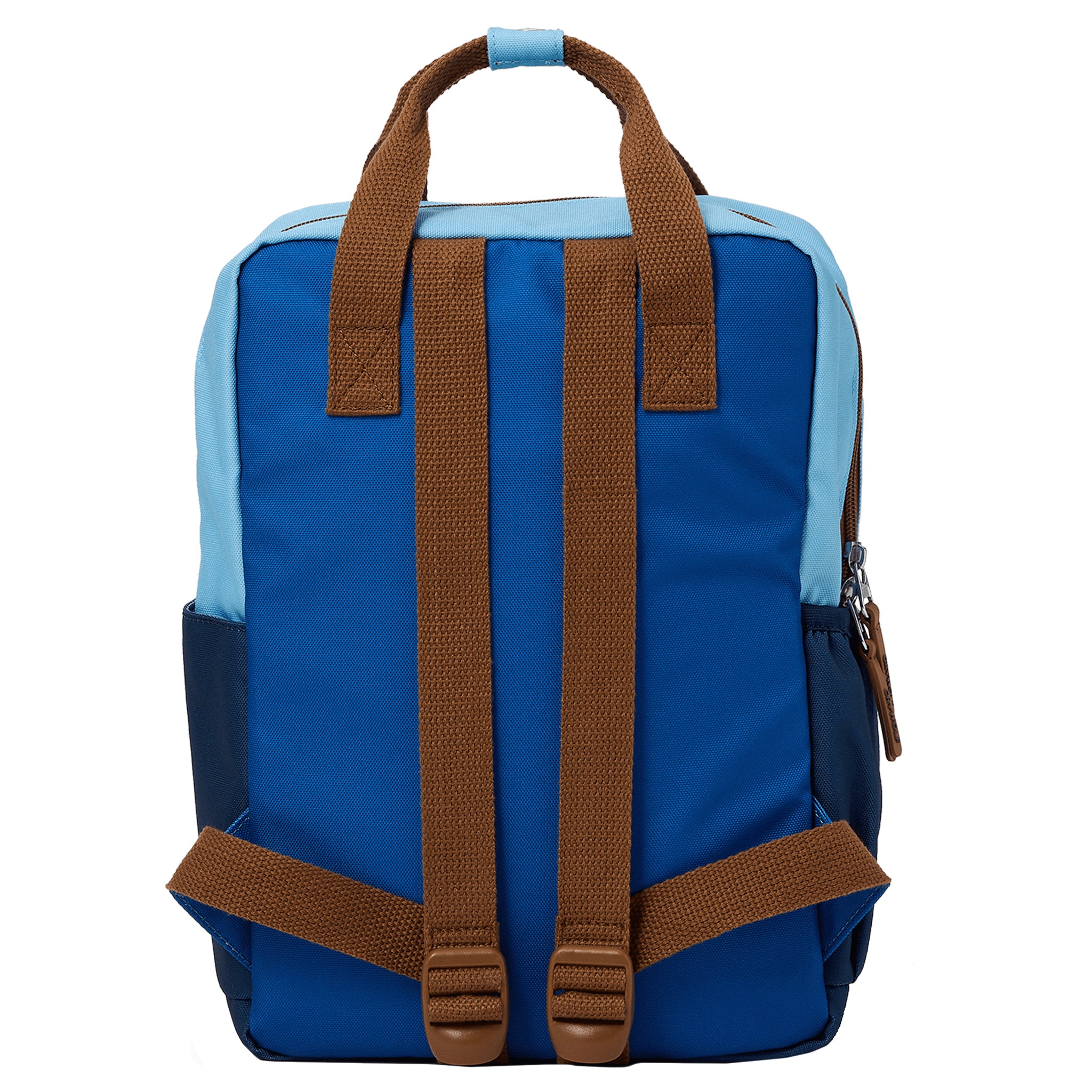 Blue backpack with brown straps on a white background