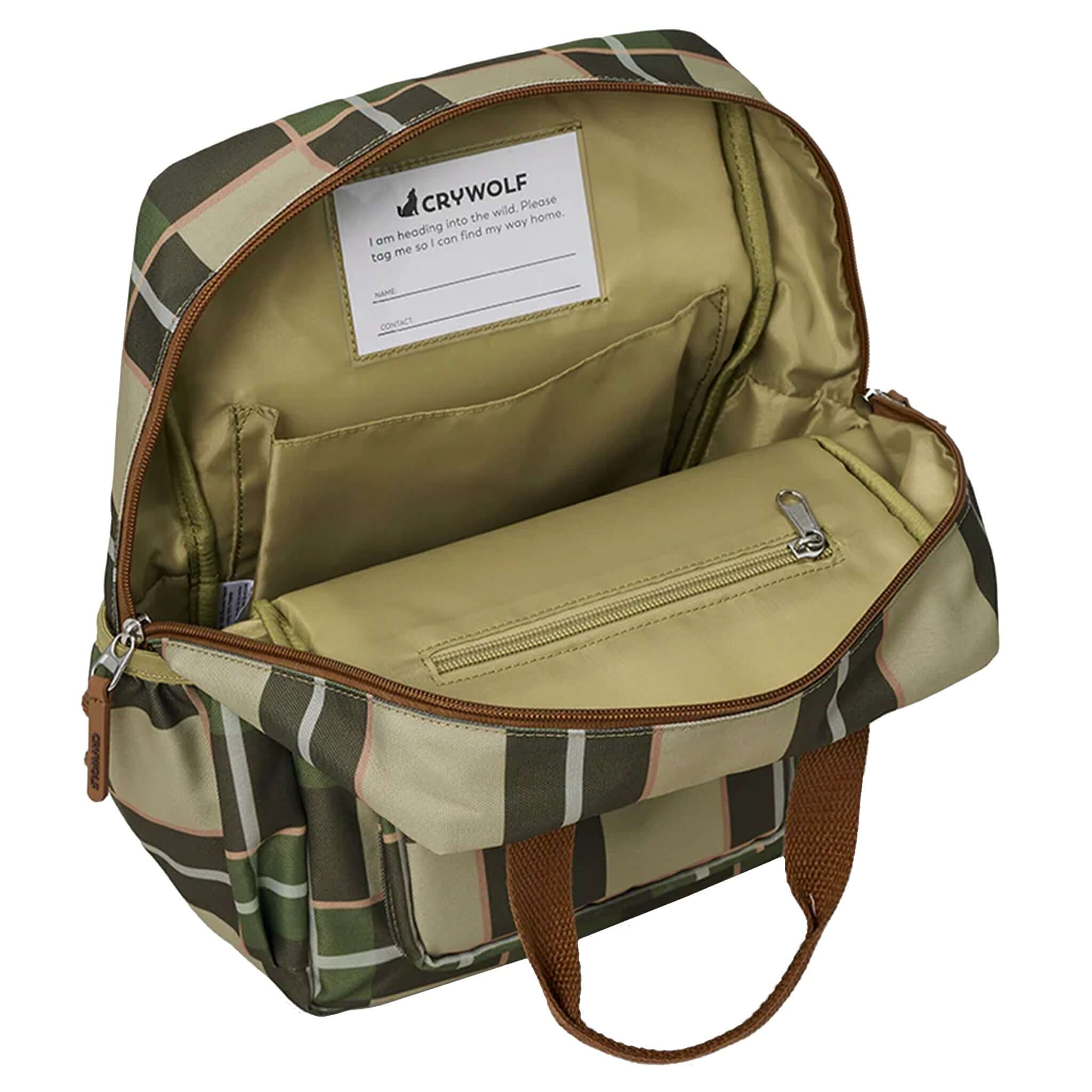 Alt Tag: Crywolf Mini Backpack - Field Plaid open view showing 9L interior, zip pocket and recycled water-resistant fabric for kids adventures