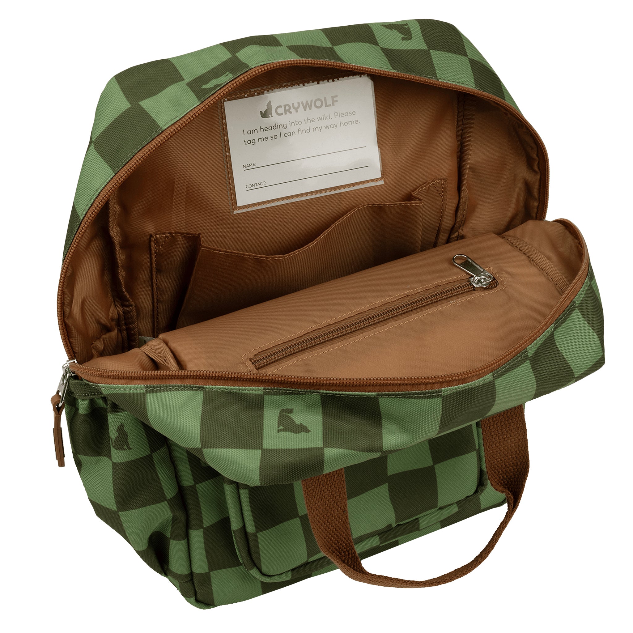Green and brown checkered backpack with visible brand label on a white background