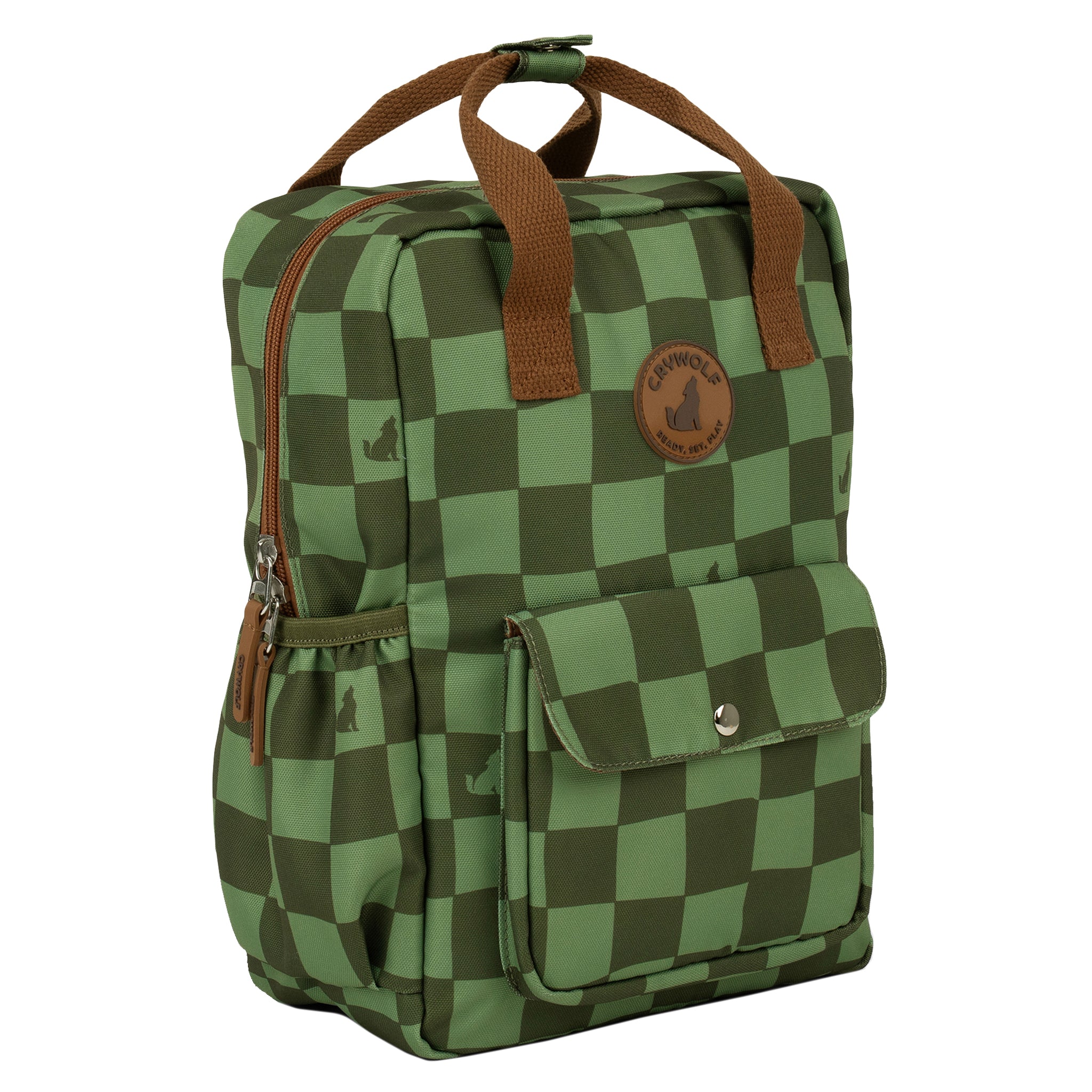 Green checkered backpack with brown straps on a white background