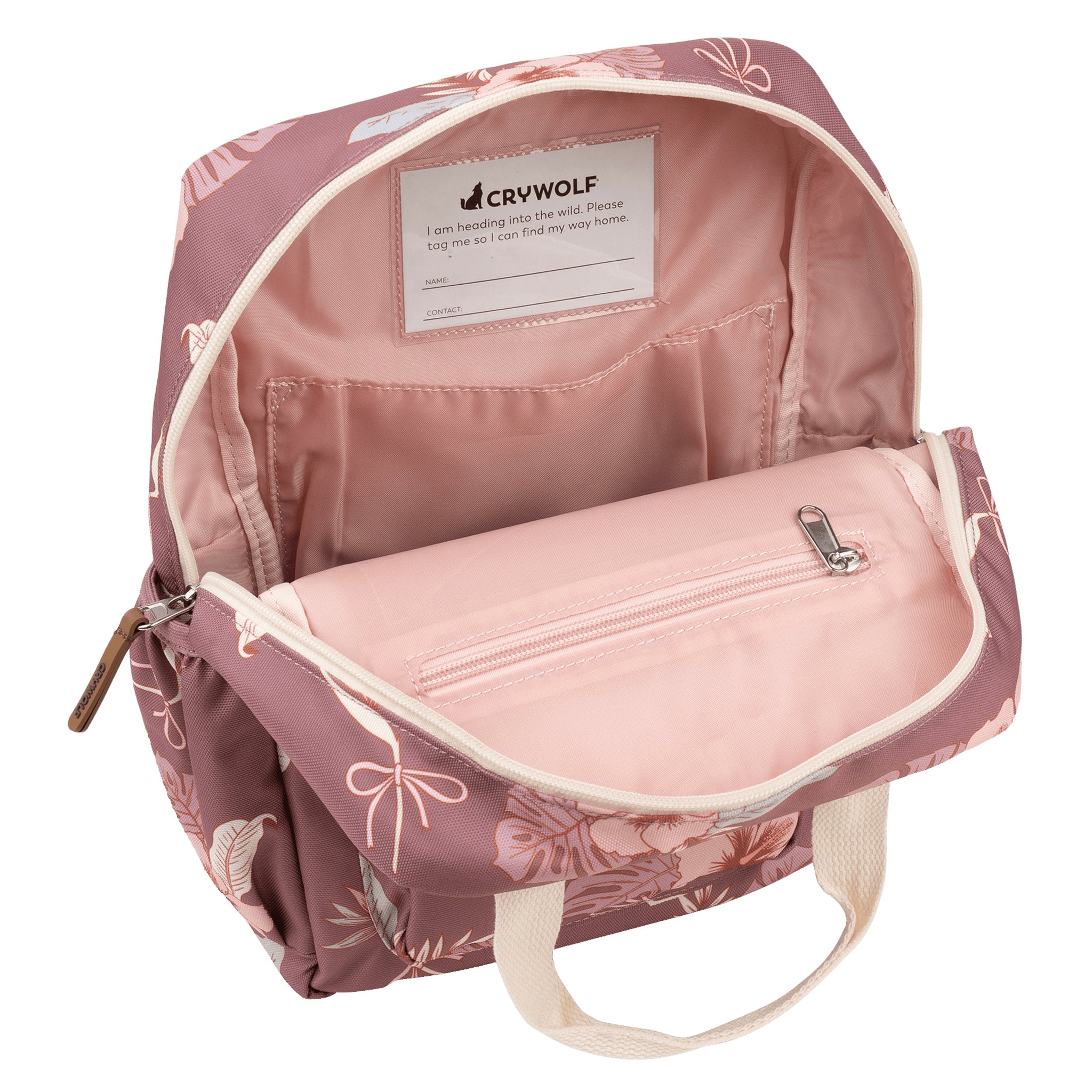 Pink floral-patterned backpack with a visible brand label on a white background