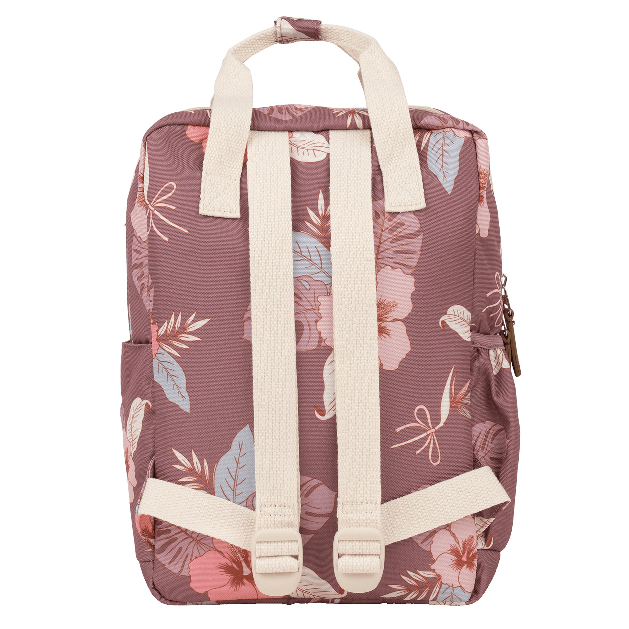 Floral-patterned backpack with beige straps on a white background