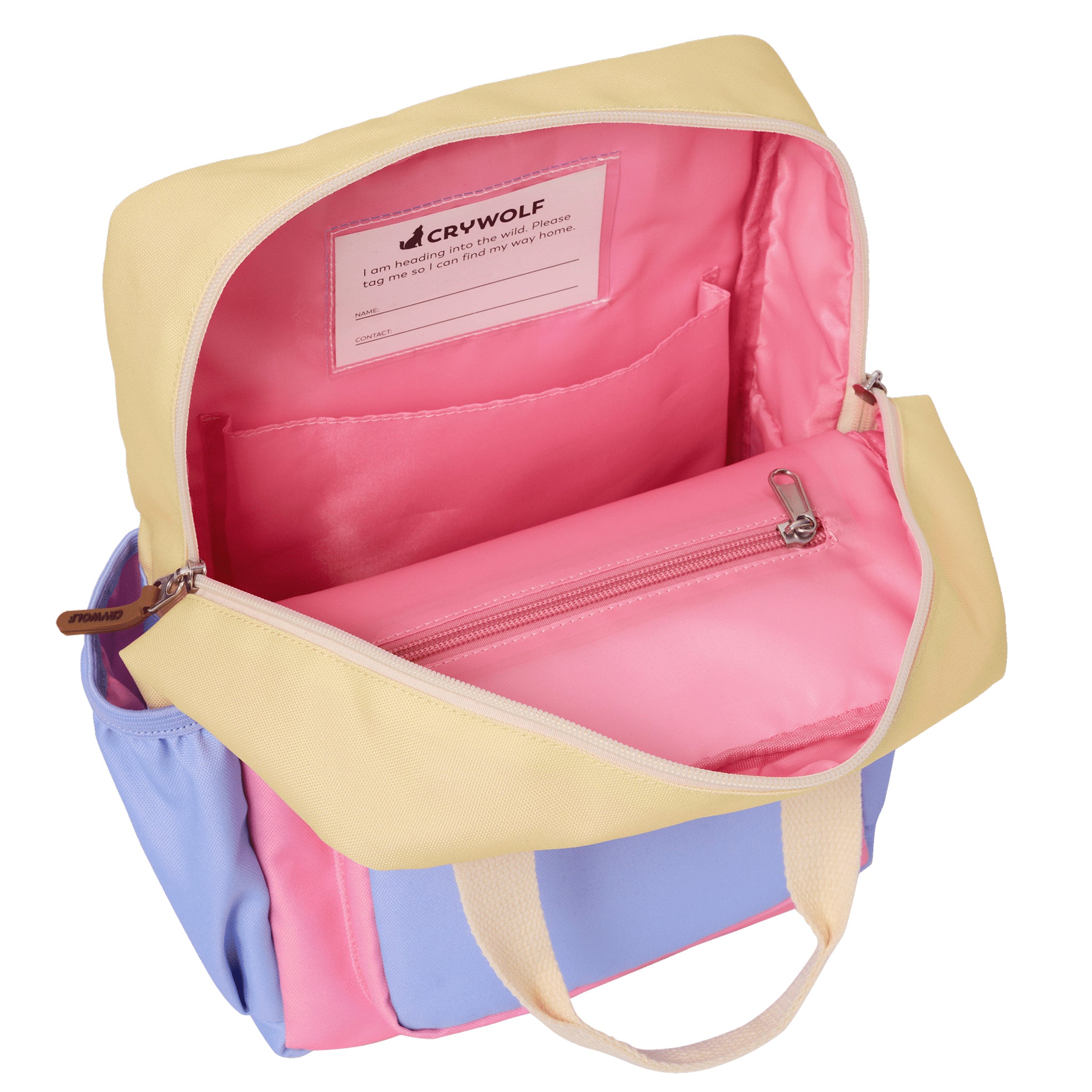 Open backpack with pink interior and Crywolf label on a white background