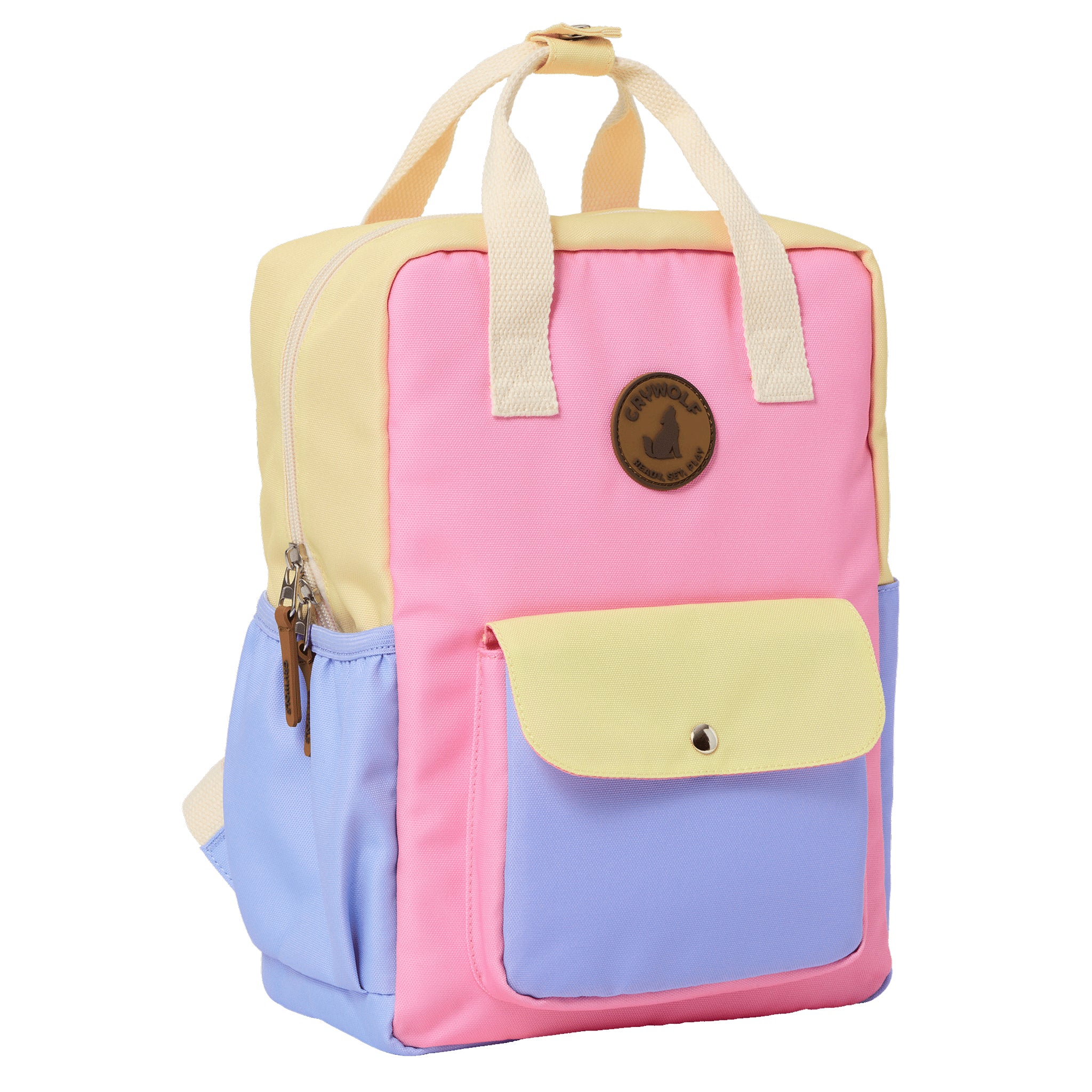 Colorful backpack with a visible brand logo on a white background