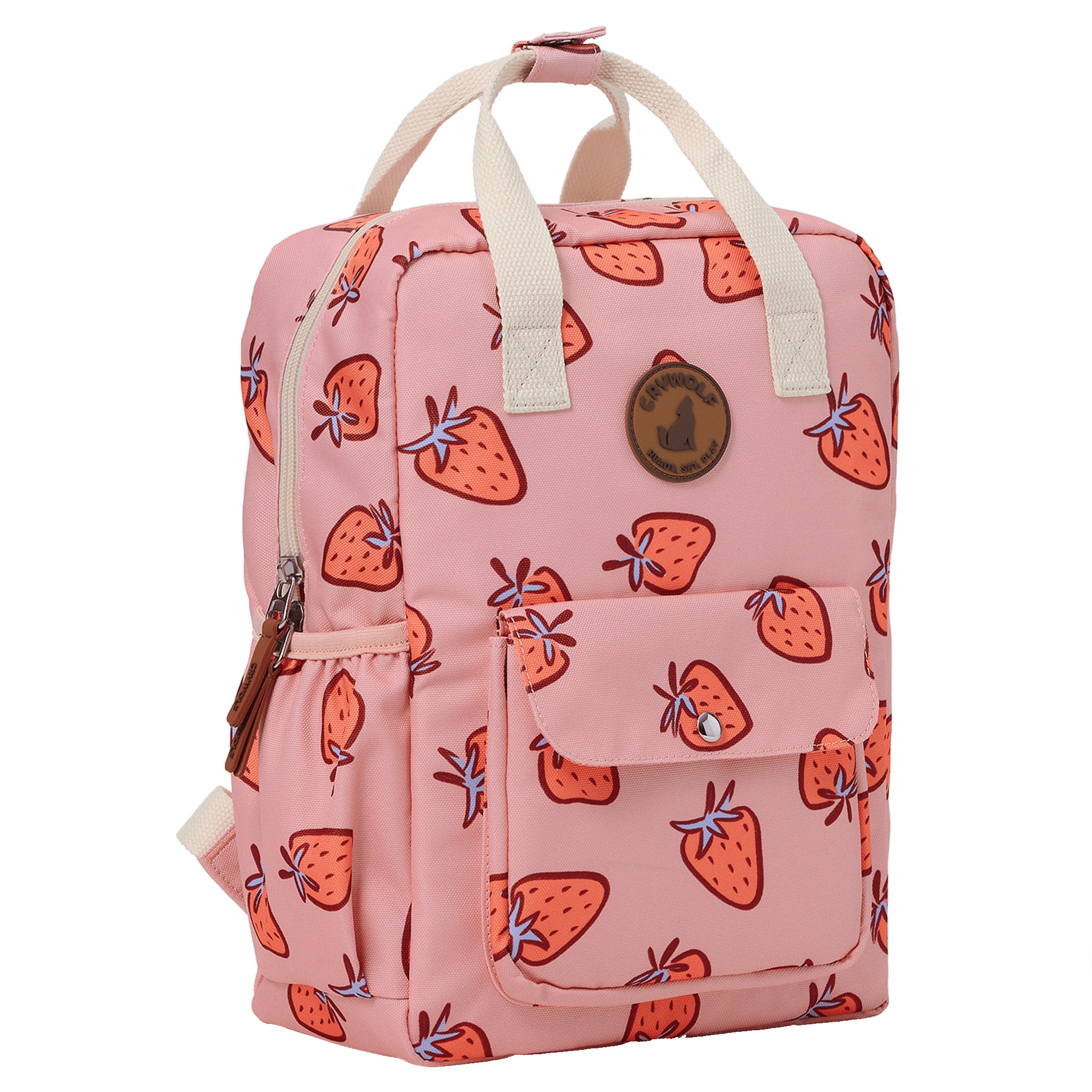Pink backpack with strawberry pattern on a white background