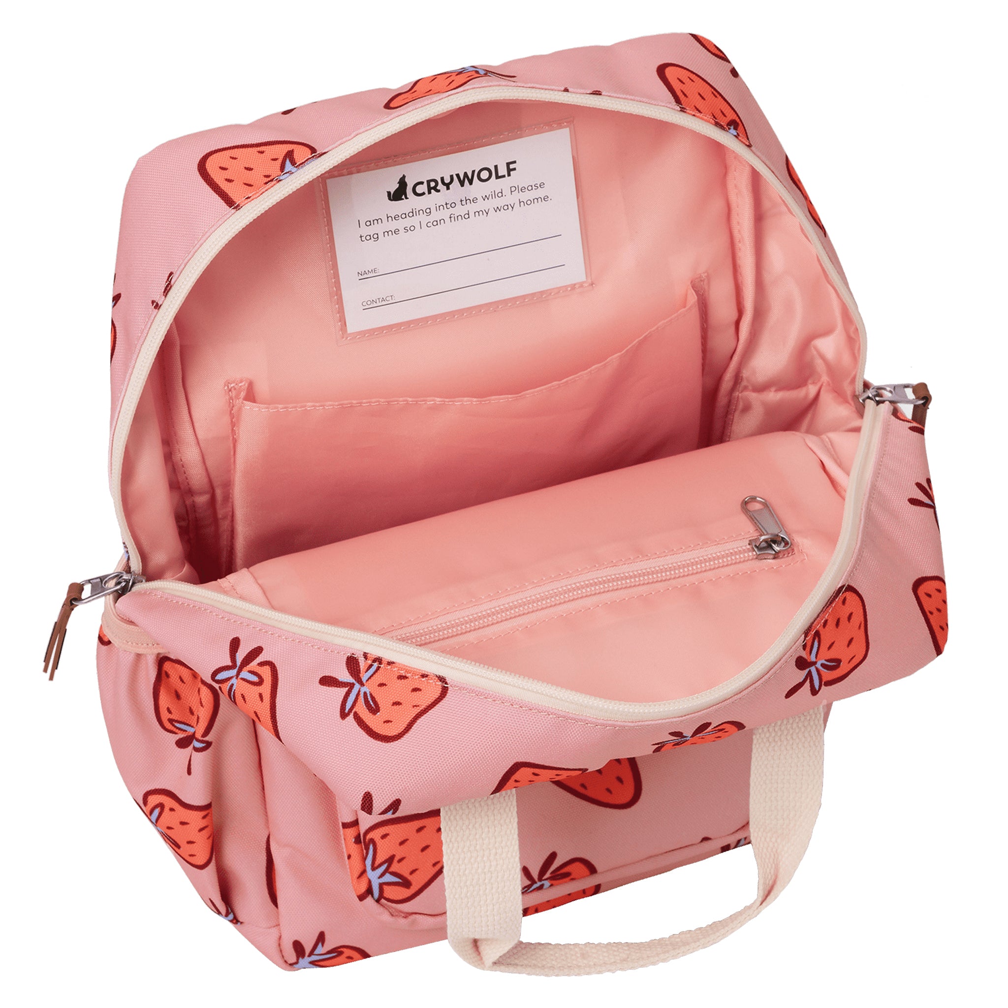 Pink backpack with strawberry pattern and Crywolf label on a white background