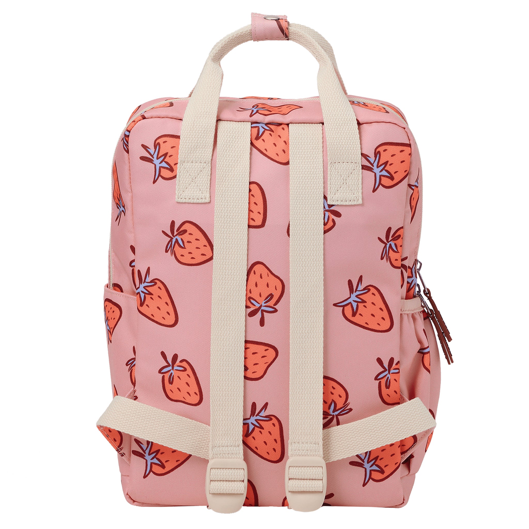 Pink backpack with strawberry pattern on a white background