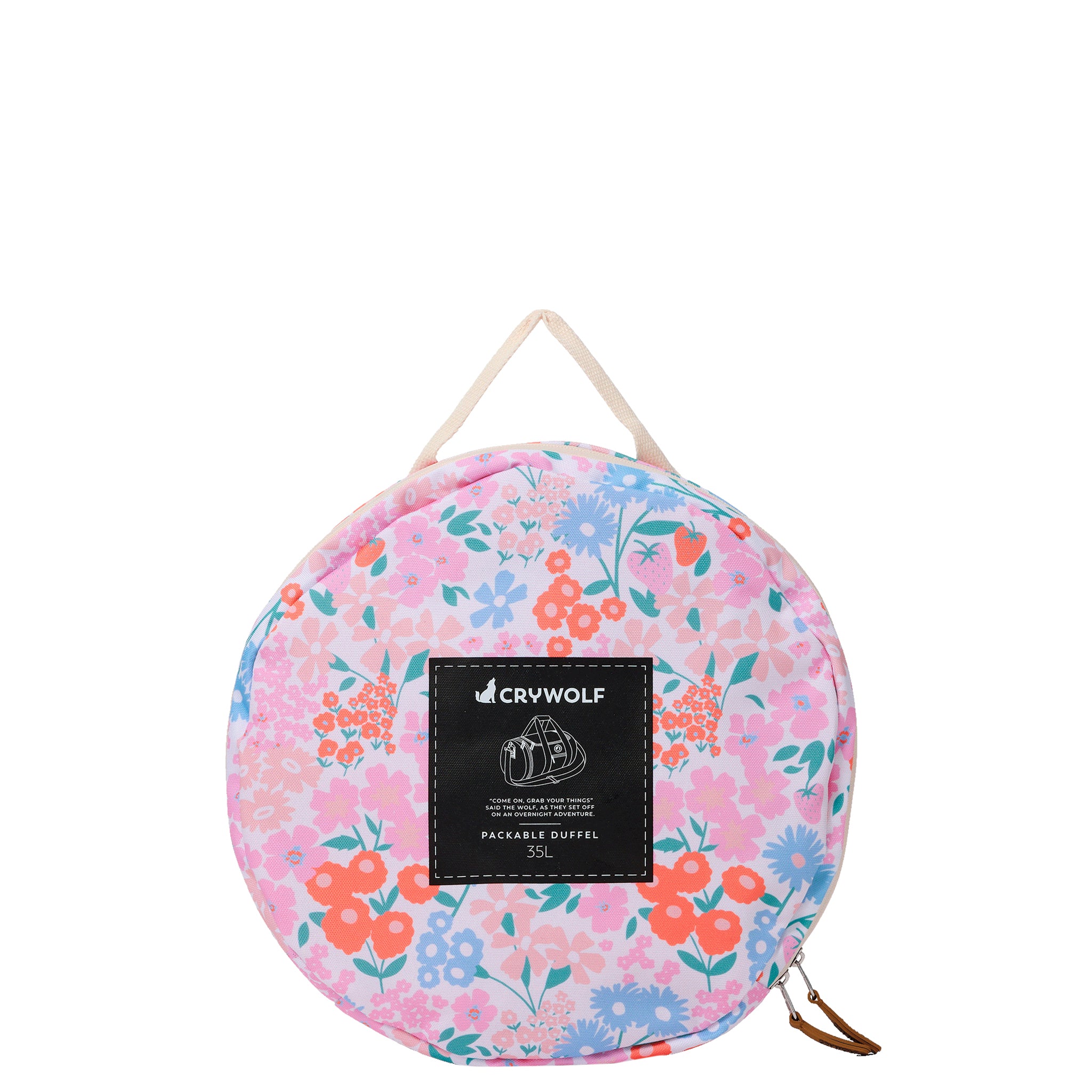 Floral-patterned duffel bag with 'Crywolf' branding on a white background