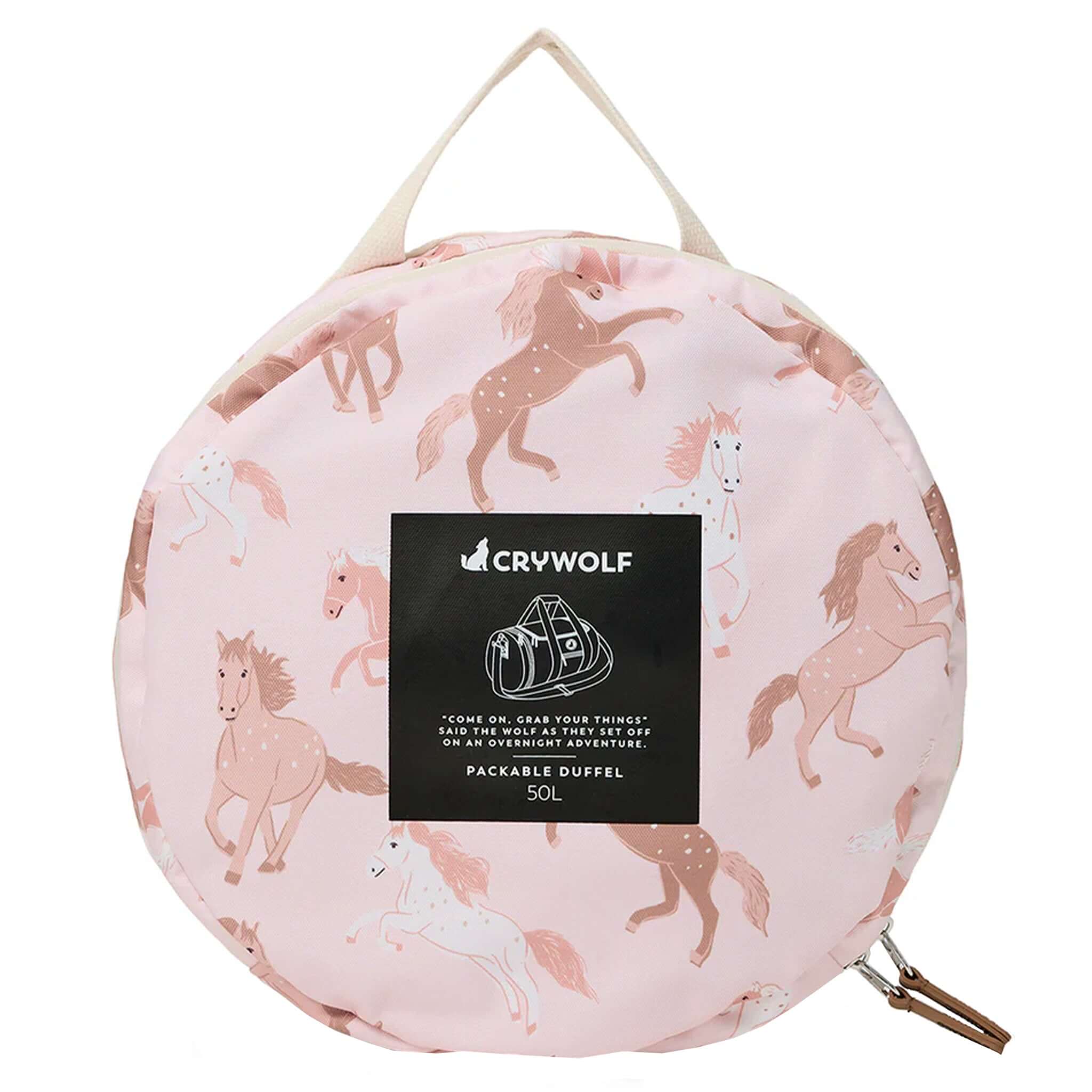 Alt Tag: Crywolf Packable Duffel Bag - Blush Ponies packable duffel folded into end pocket, lightweight travel bag with wide opening