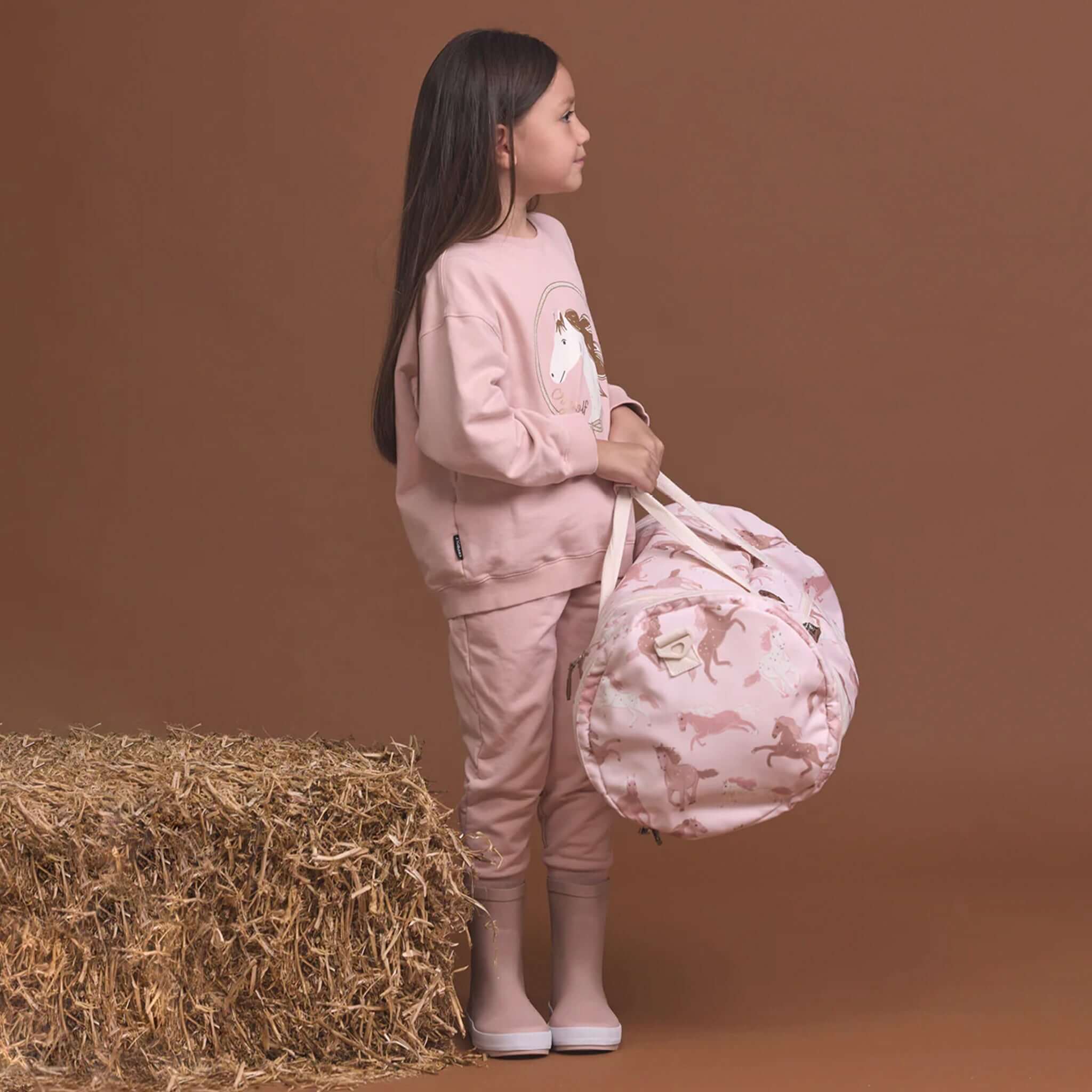 Crywolf Packable Duffel Bag - Blush Ponies kids packable duffel in blush pony print, lightweight roomy bag for beach days, sports & trips