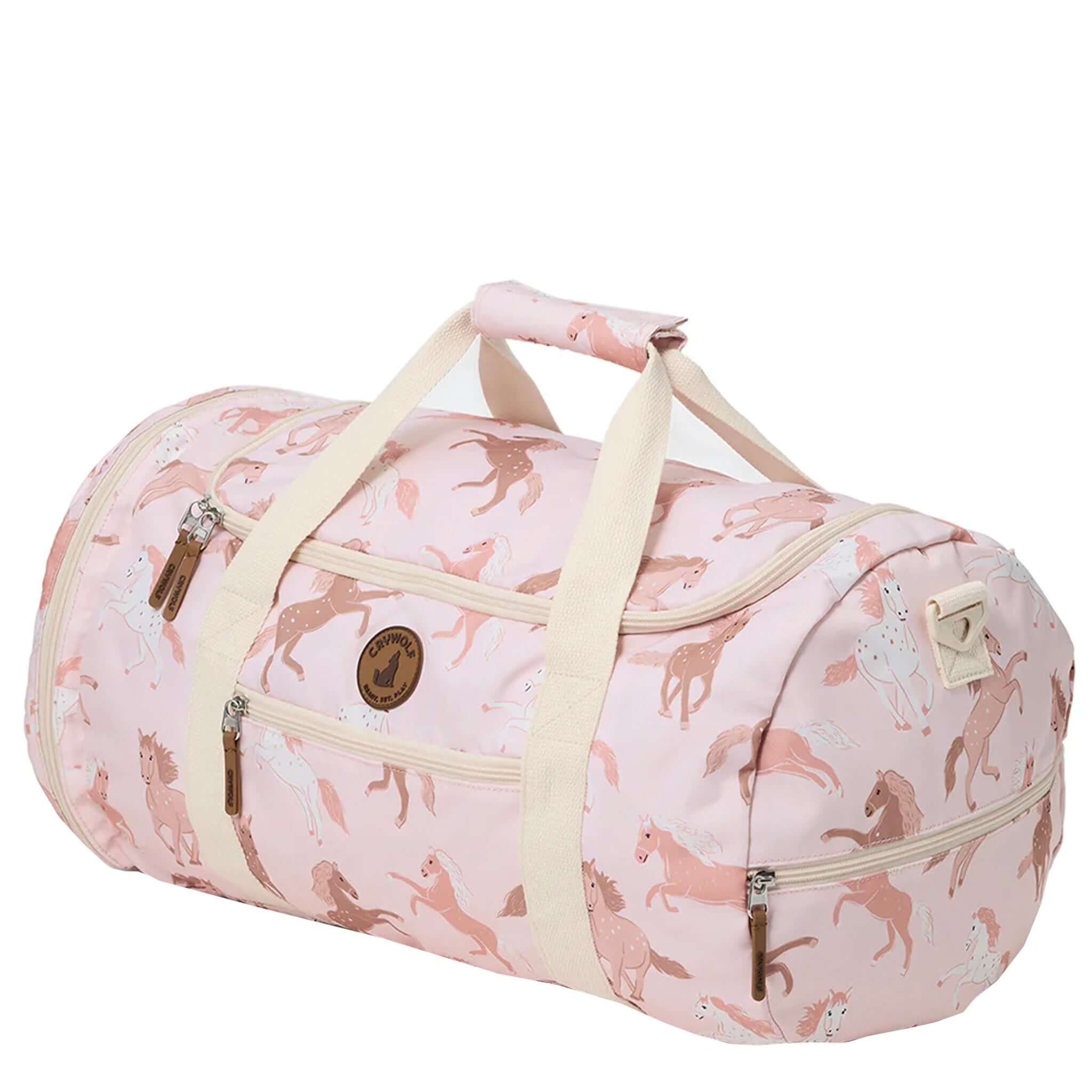 Alt Tag: Crywolf Packable Duffel Bag - Blush Ponies pink packable duffel with pony print, wide top opening, compartments for travel