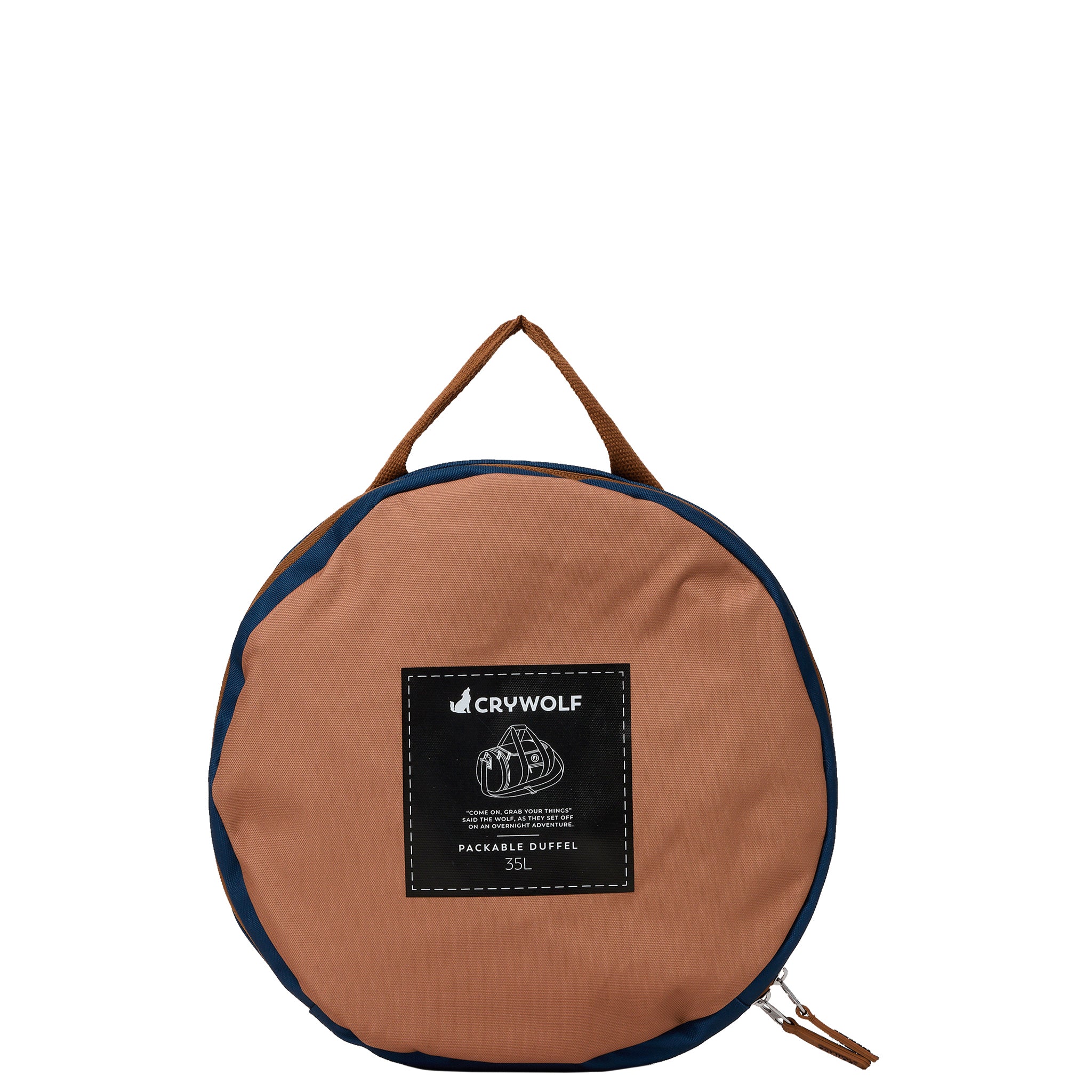 Round brown duffel bag with a visible brand label on a white background