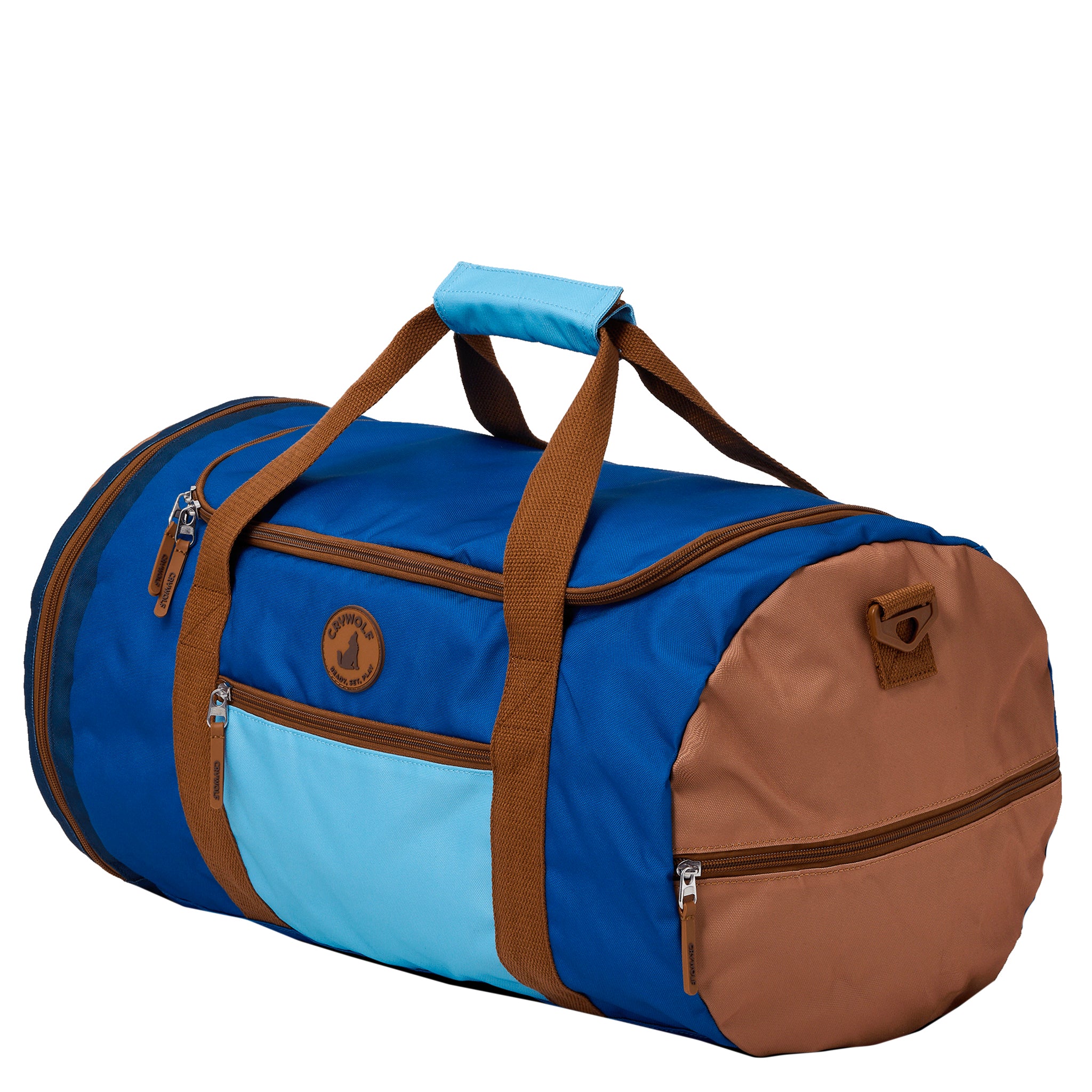 Blue and brown duffel bag with visible brand logo on a white background