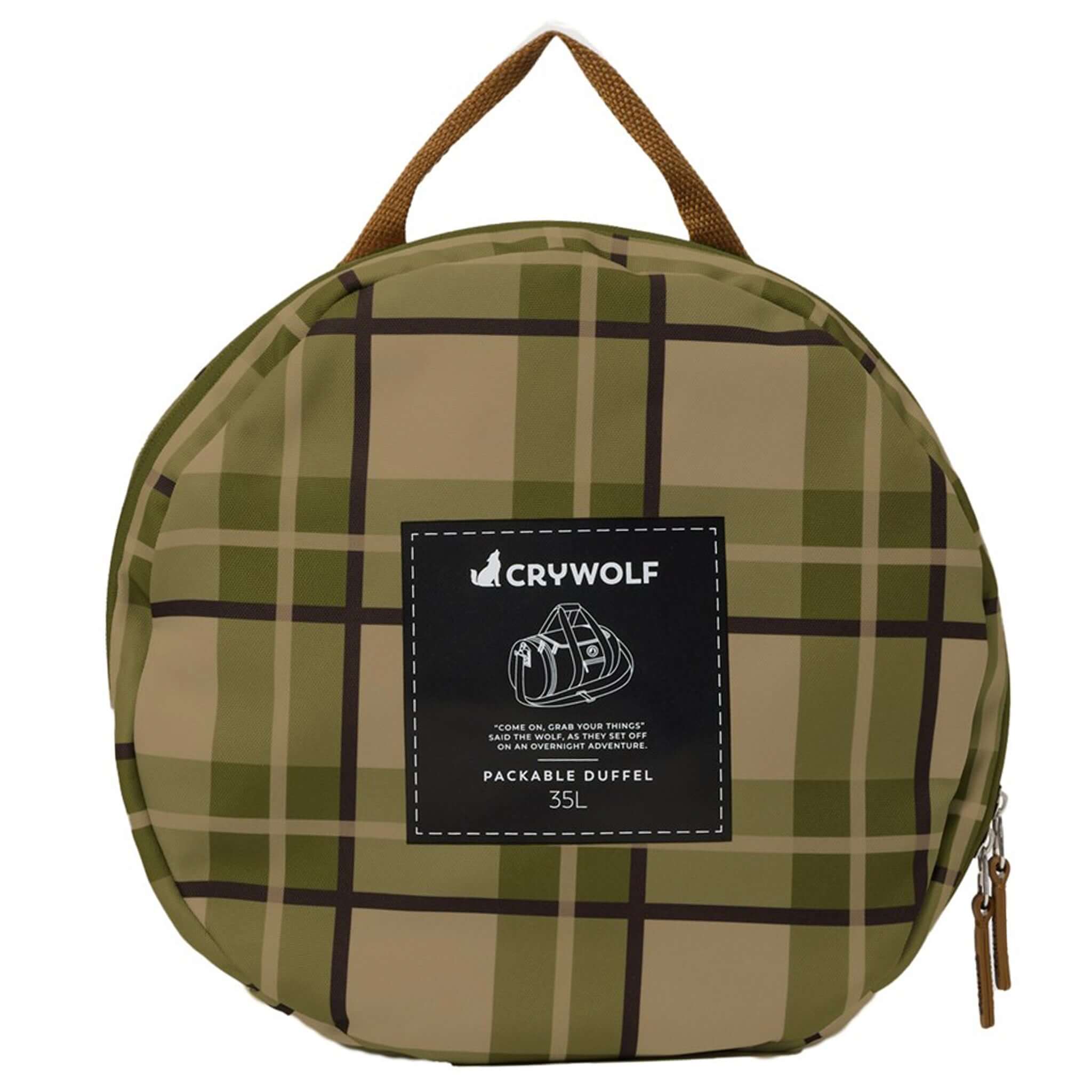 Alt Tag: Crywolf Packable Duffel Bag - Field Plaid packable duffel folded into end pocket, plaid travel bag with handle