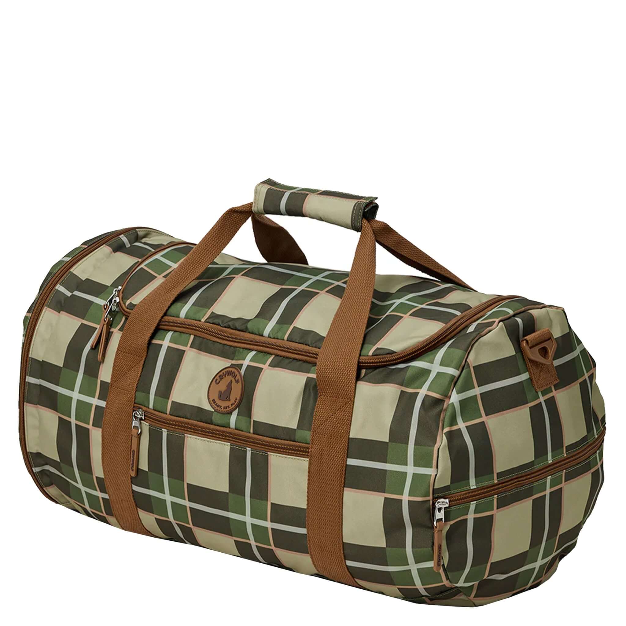 Alt Tag: Crywolf Packable Duffel Bag - Field Plaid packable duffel with wide top opening, multiple compartments, brown straps