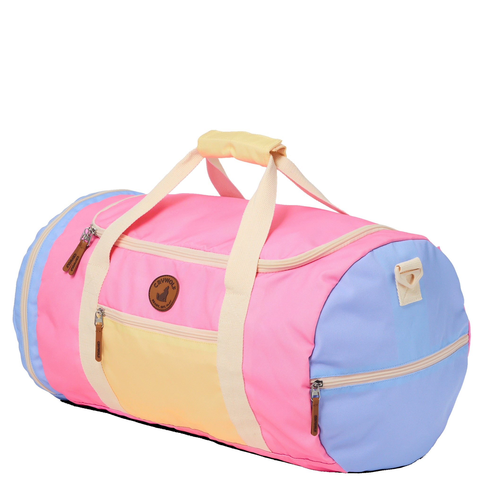 Multicolored duffel bag with pink, yellow, and blue sections on a white background