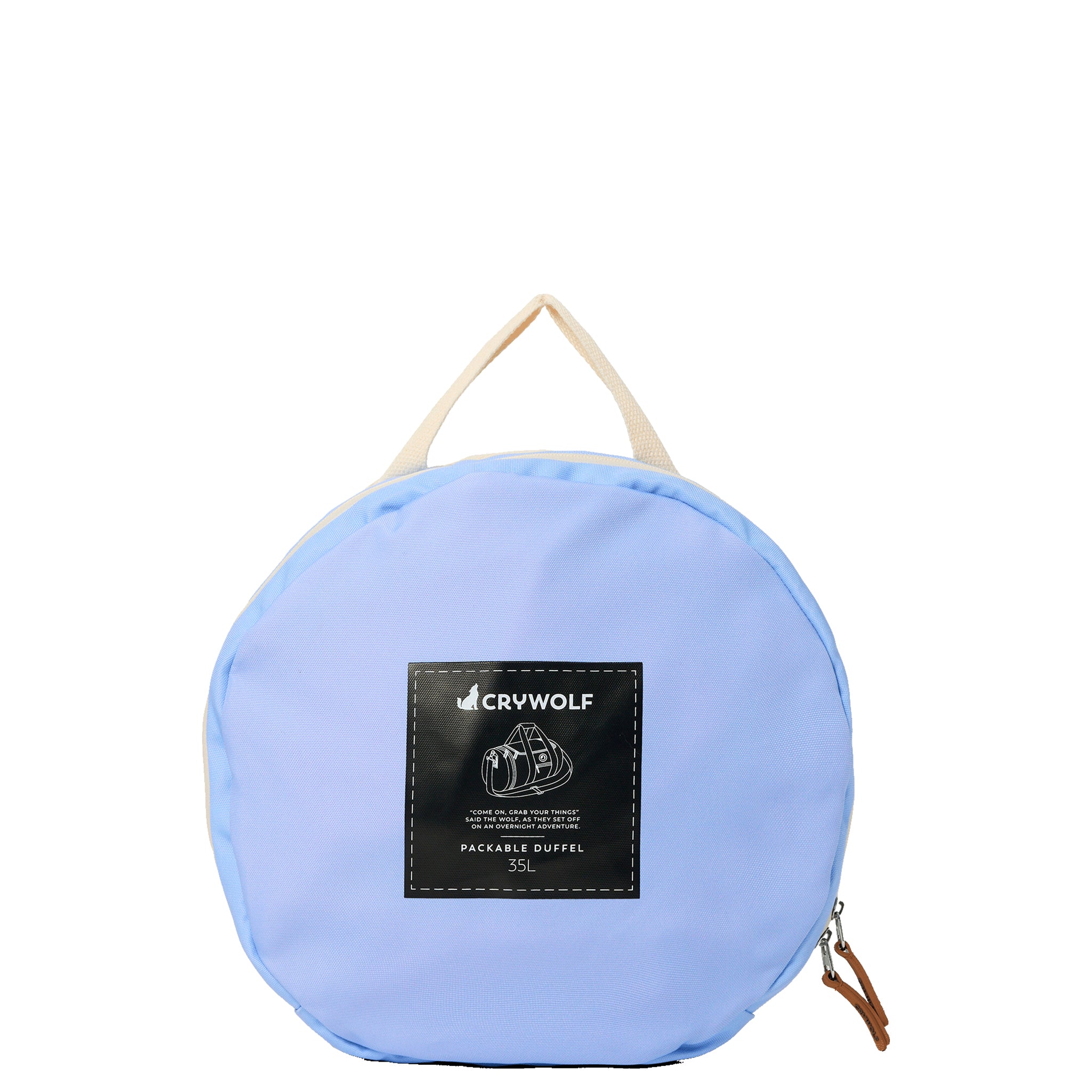 Light blue duffel bag with a handle on a white background