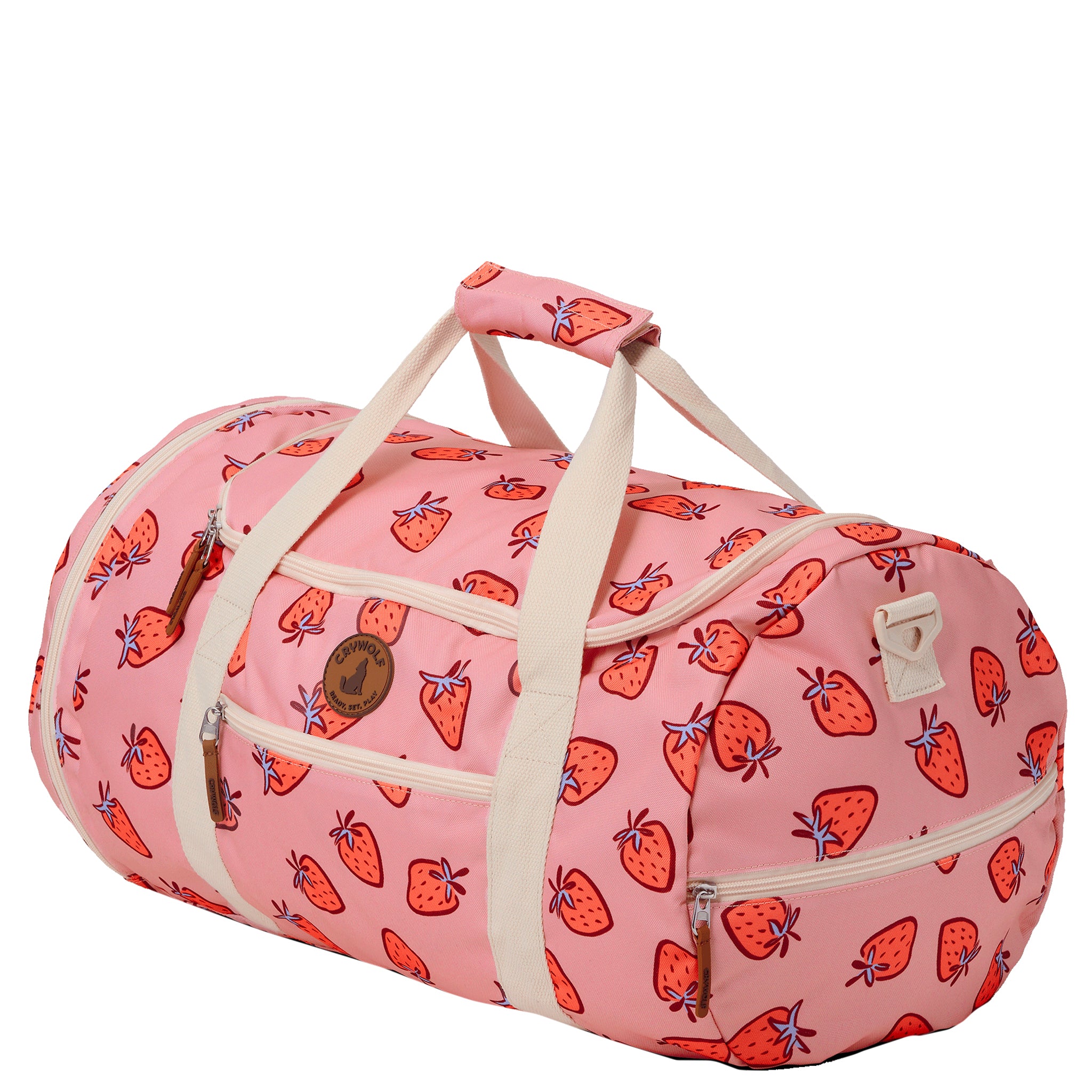Pink duffel bag with strawberry pattern on a white background
