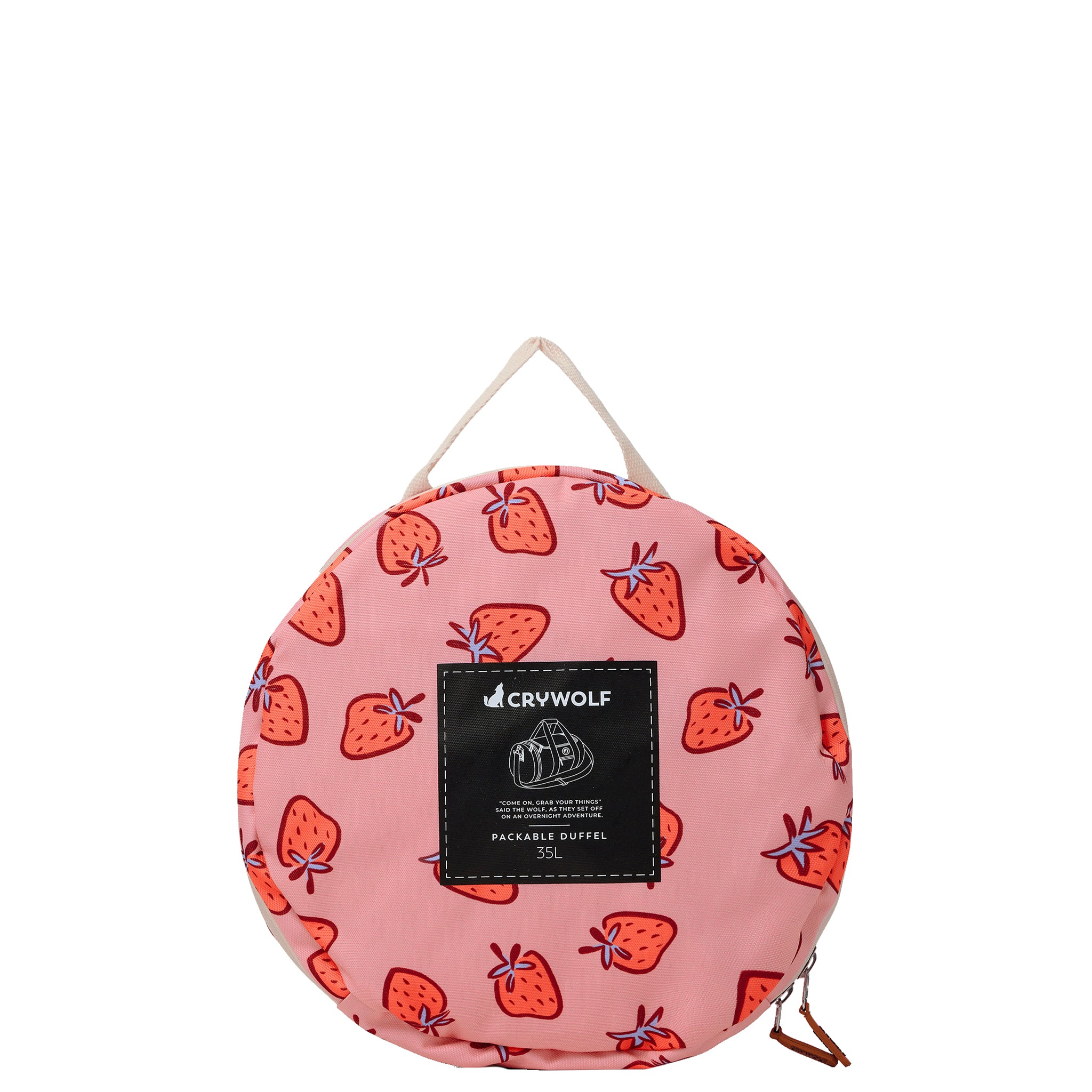 Pink duffel with strawberry pattern and Crywolf brand label on a white background
