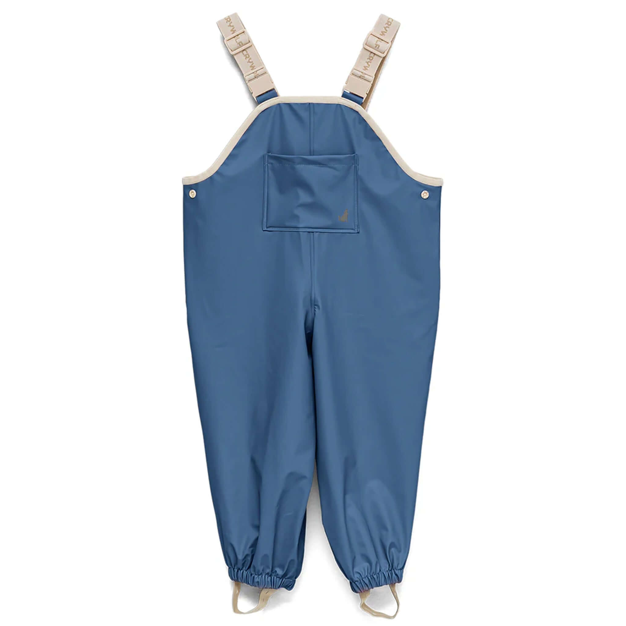 Alt Tag: Crywolf Rain Overalls - Highland Blue waterproof kids rain overalls with adjustable straps, double-welded seams and front pocket
