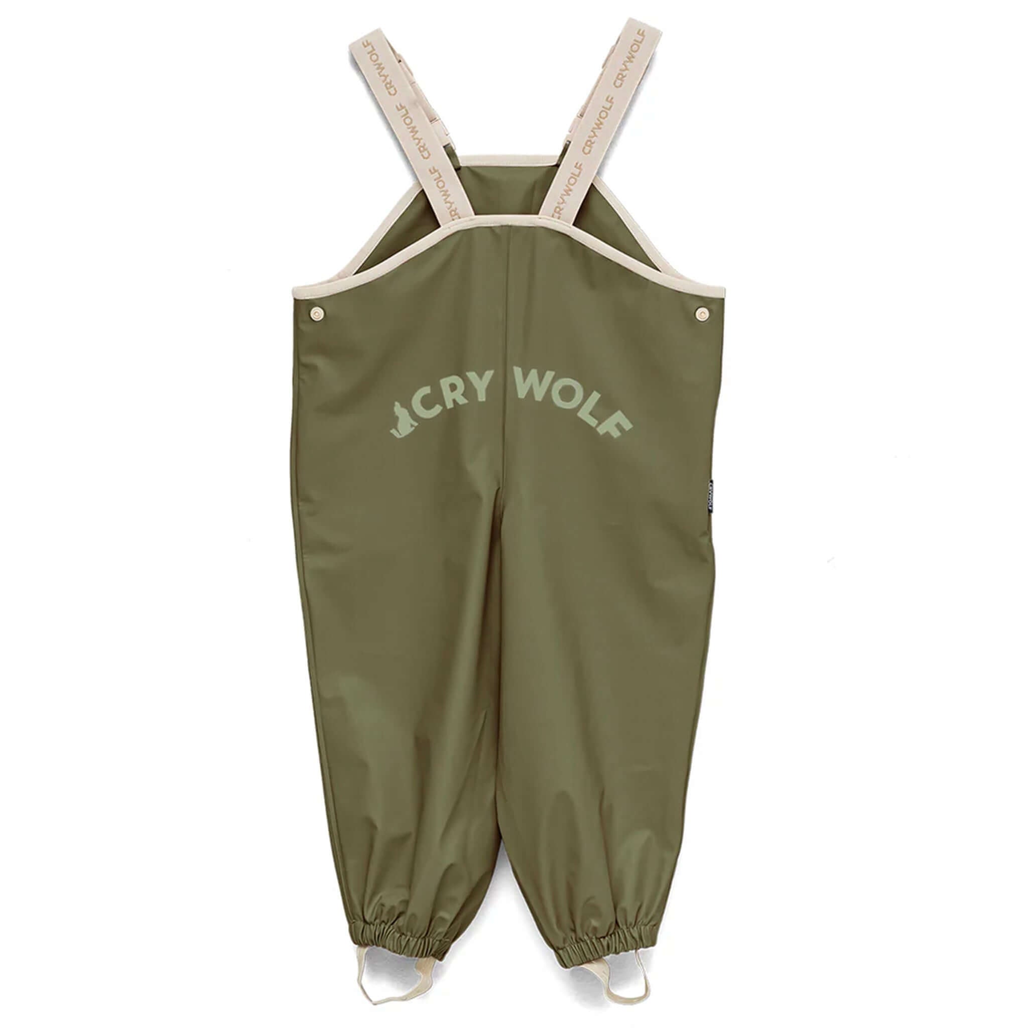 Alt Tag: Crywolf Rain Overalls - Olive kids waterproof adjustable rain overalls with suspenders, olive green, front view