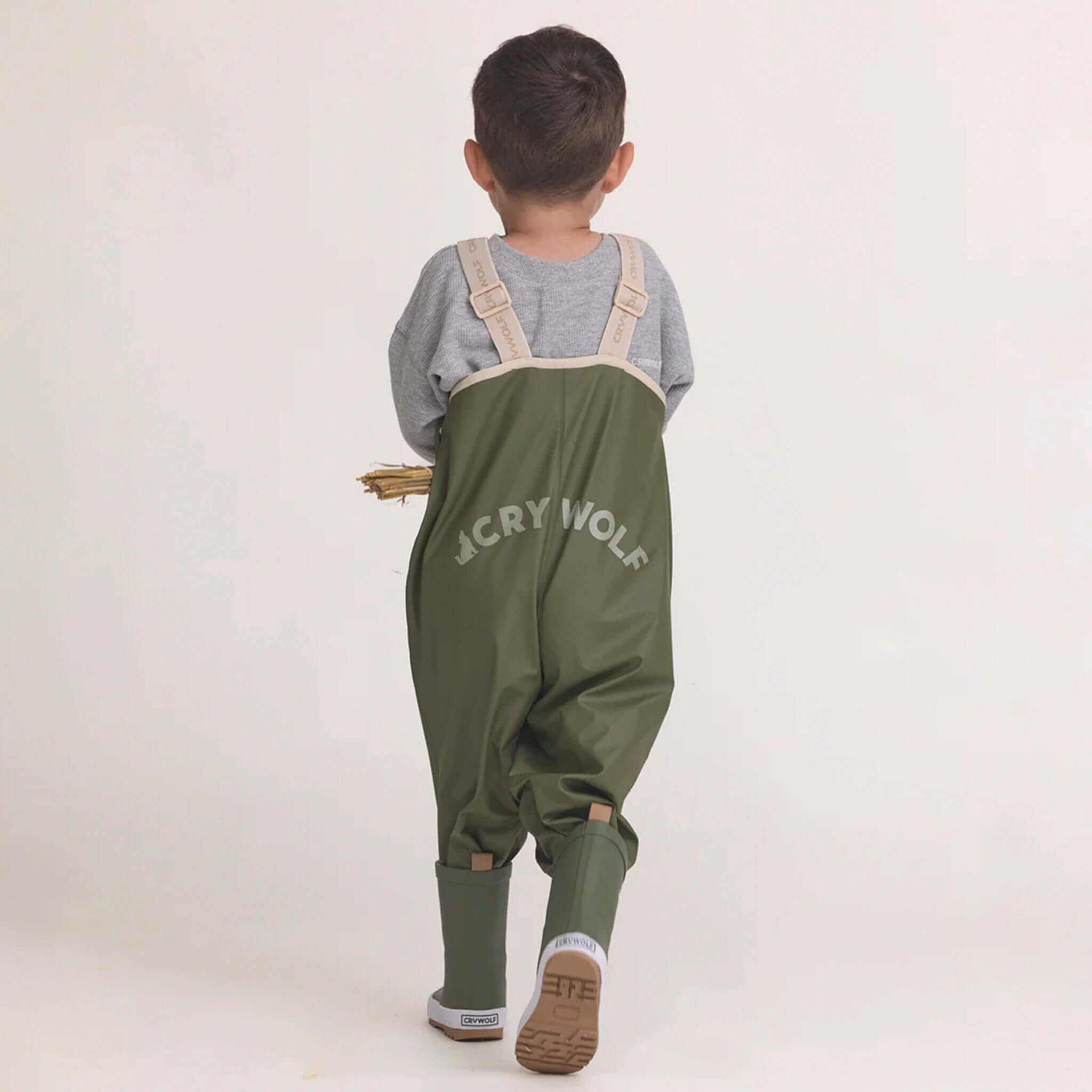 Alt Tag: Crywolf Rain Overalls - Olive kids waterproof rain overalls, adjustable straps, olive green outdoor play rain gear back view
