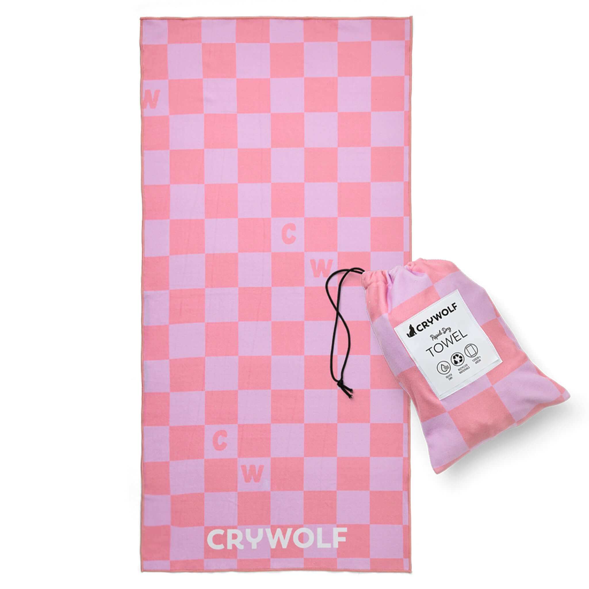 Crywolf Rapid Dry Towel - Flamingo Check displayed alongside its elasticated pouch, showcasing its pink checkered design.