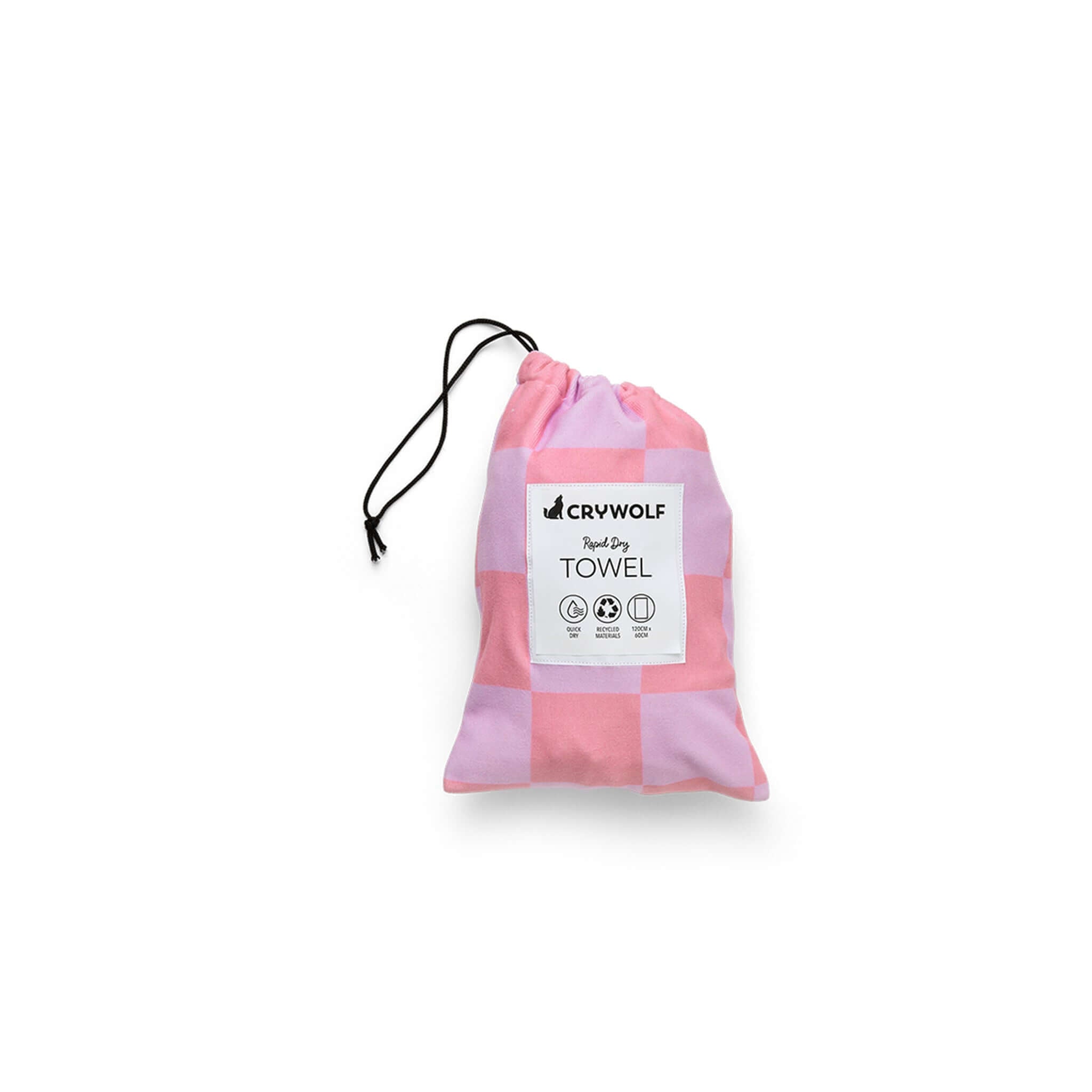 Crywolf Rapid Dry Towel - Flamingo Check in a compact pouch, ideal for travel and outdoor activities.