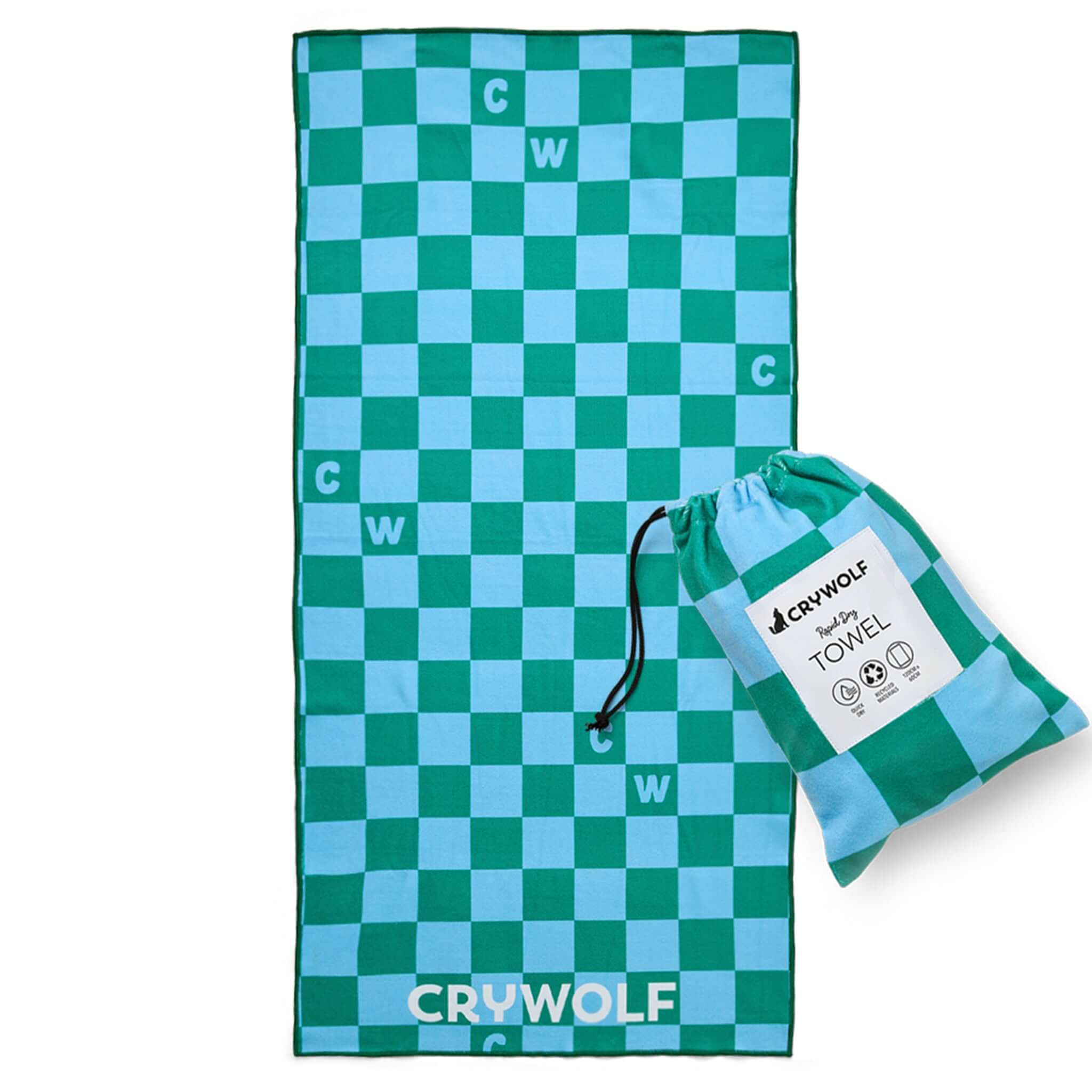 Crywolf Rapid Dry Towel - Sea Green Check with pouch, lightweight and quick-drying for beach and camping.