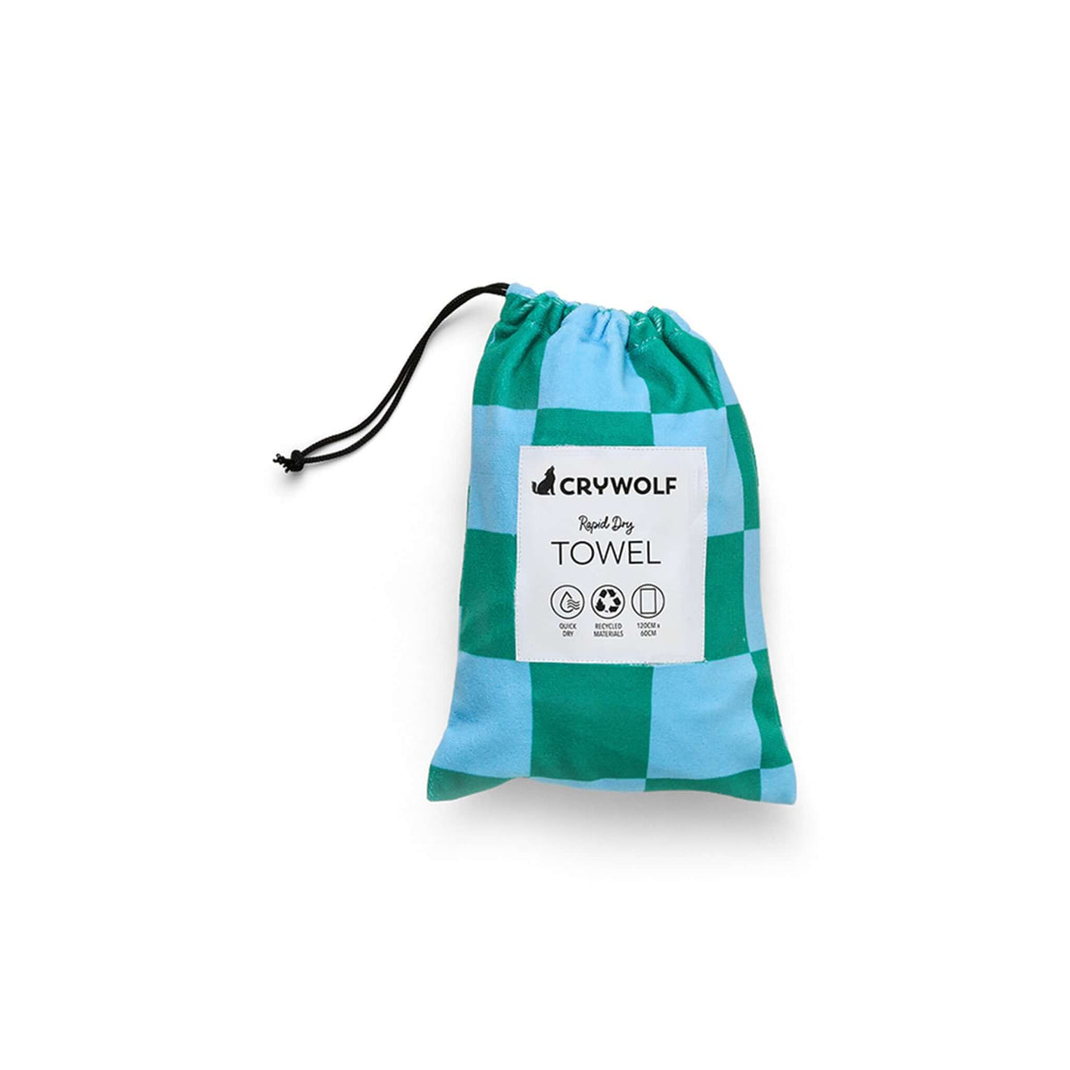 Crywolf Rapid Dry Towel - Sea Green Check packed in its elasticated pouch.