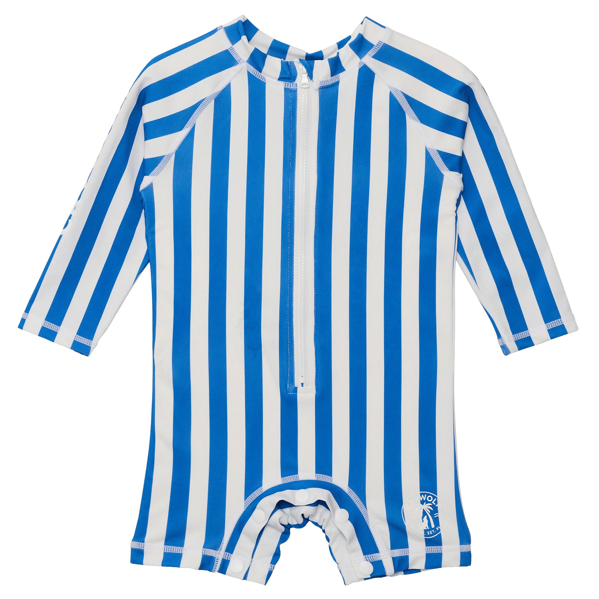 Blue and white striped baby romper on a white background