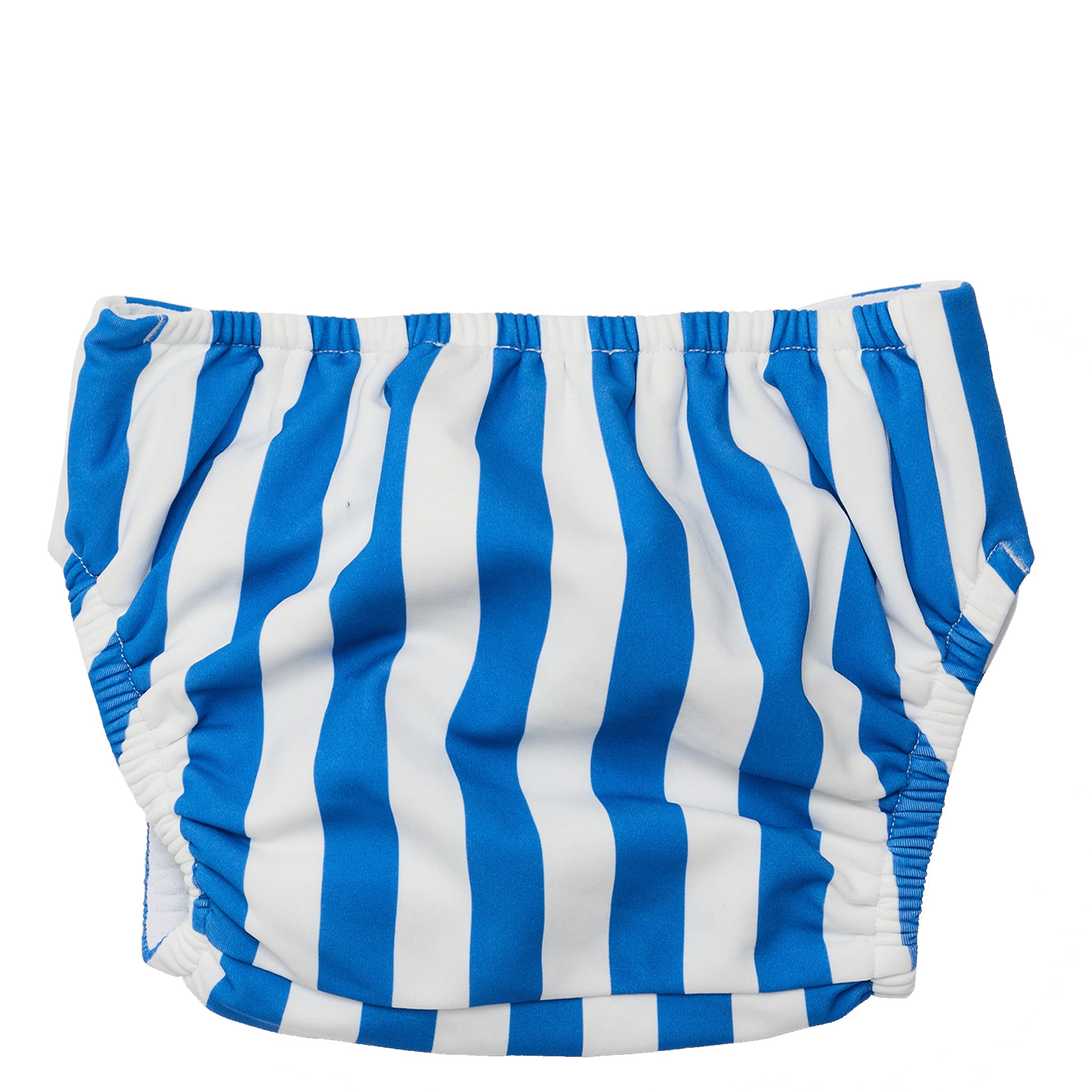 Blue and white striped swim nappy on a white background