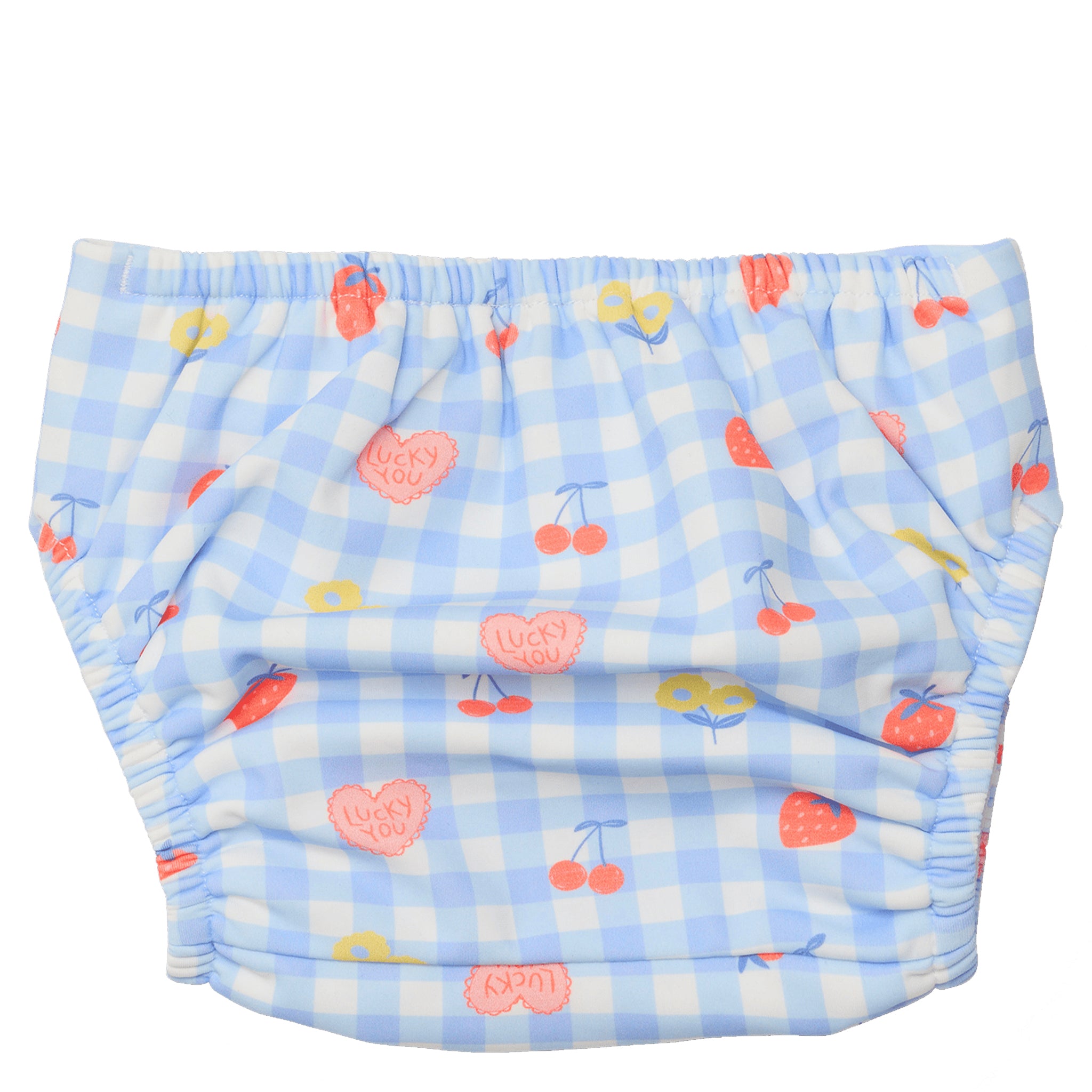 Blue and pink checkered swim nappy on a white background
