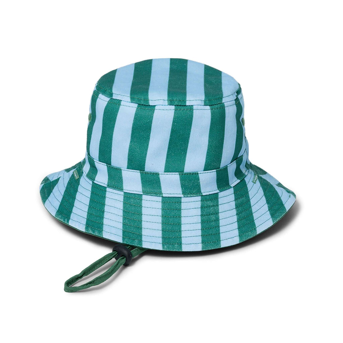 Crywolf Reversible Bucket Hat - Deck Stripe displaying green and blue striped design with removable chin strap.
