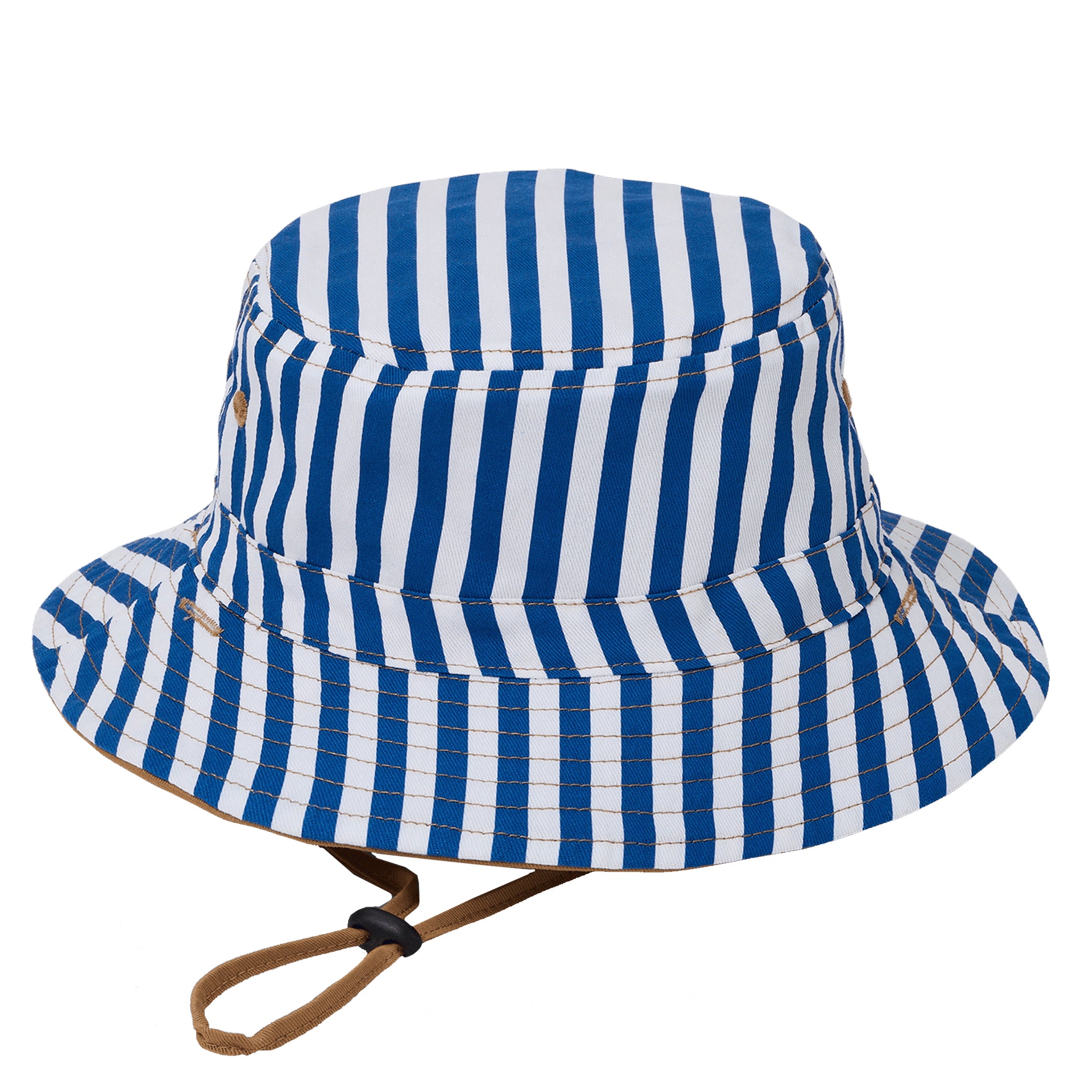 Blue and white striped bucket hat with a brown strap on a white background