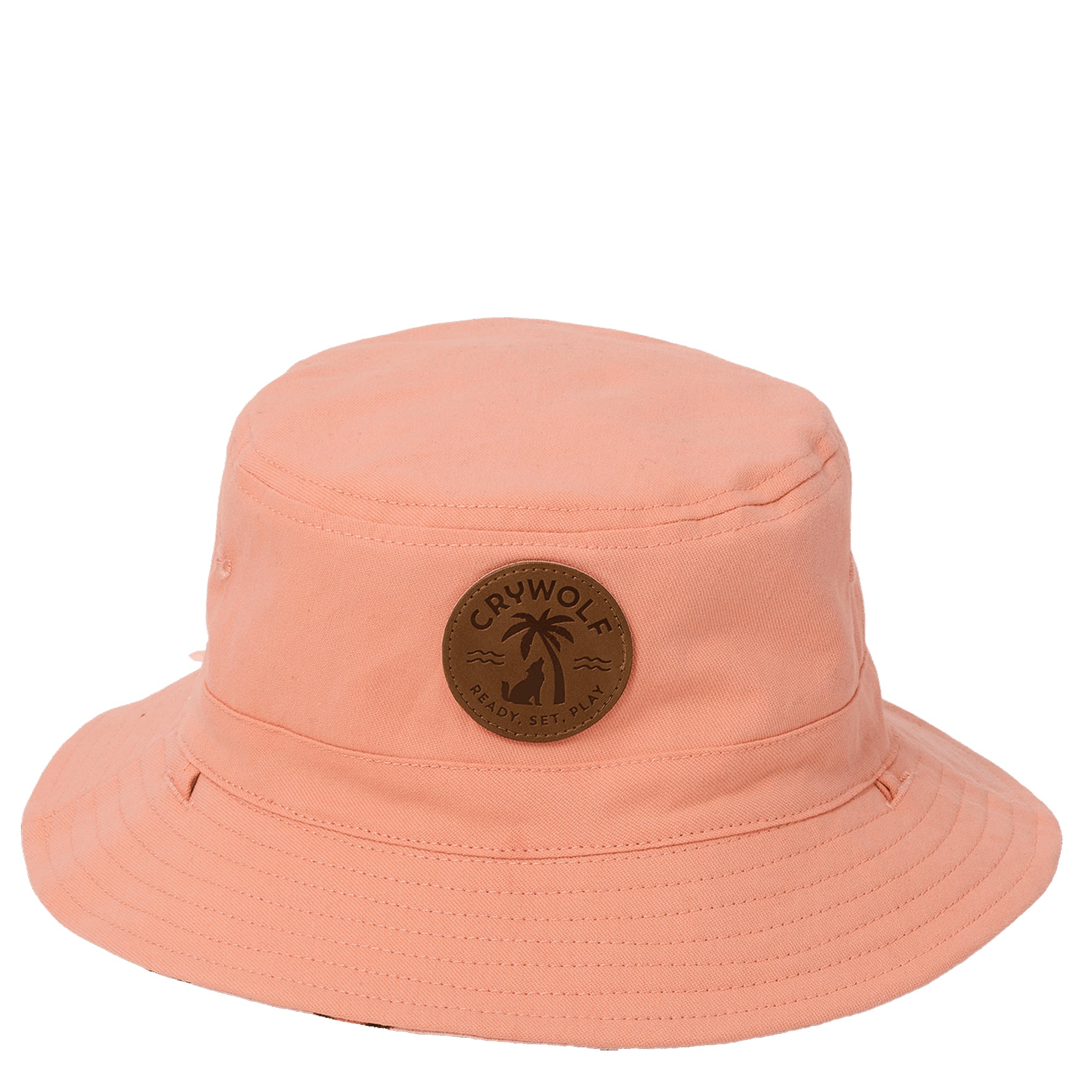 Pink bucket hat with a brand logo on a white background