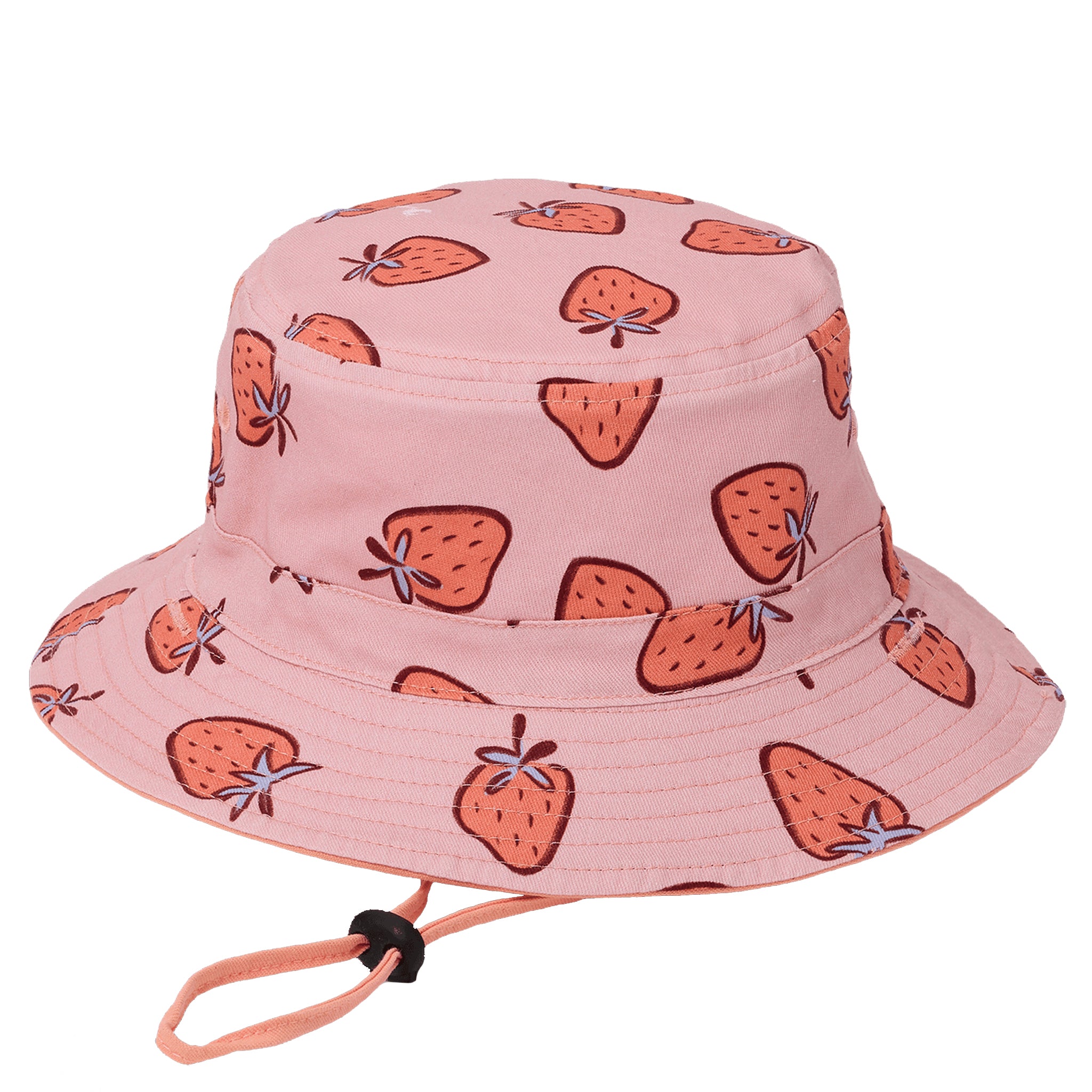 Pink bucket hat with strawberry pattern on a white background
