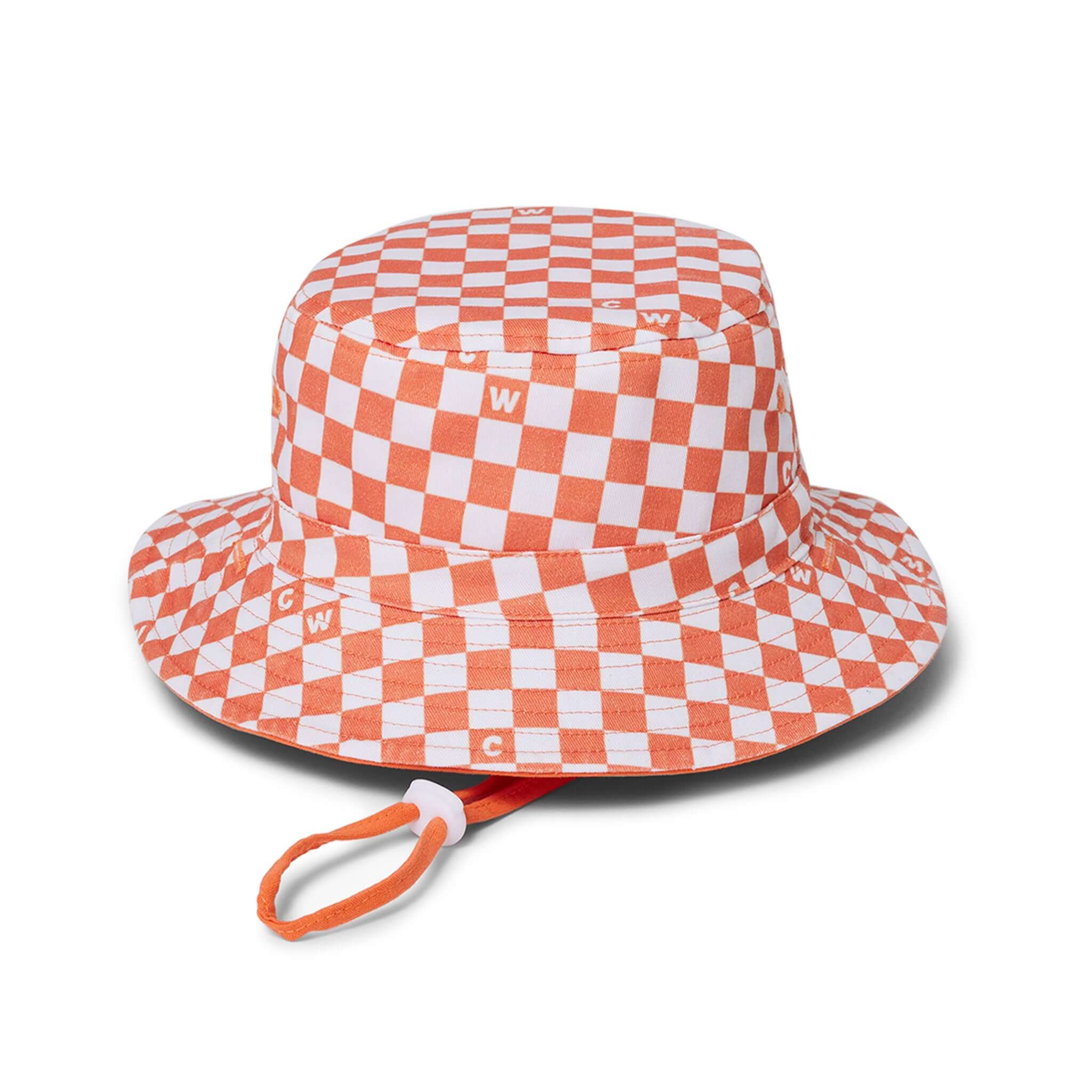 Crywolf Reversible Bucket Hat - Sunset Check in orange check pattern with adjustable chin strap.