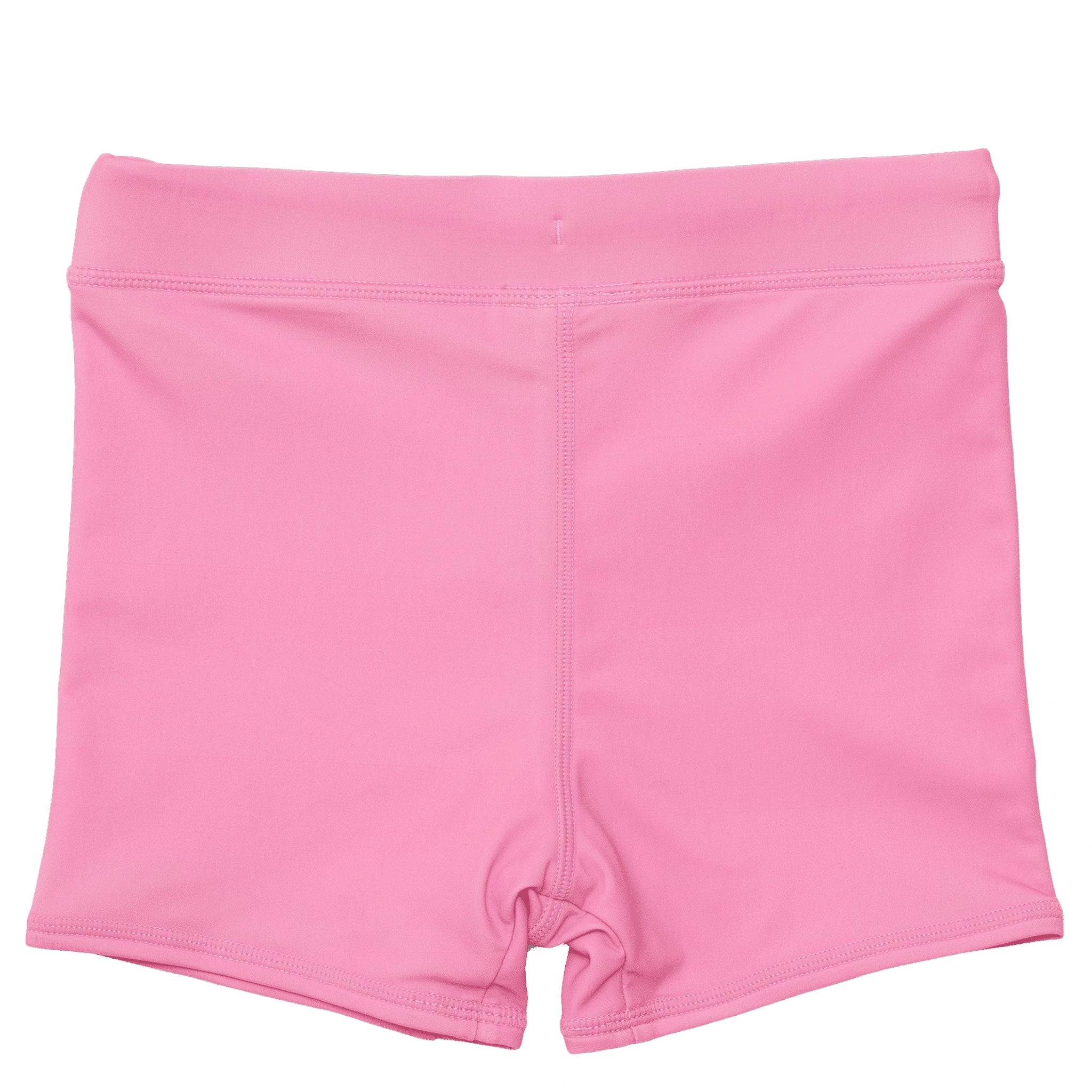 Pink swim shorts with a strawberry design on a white background