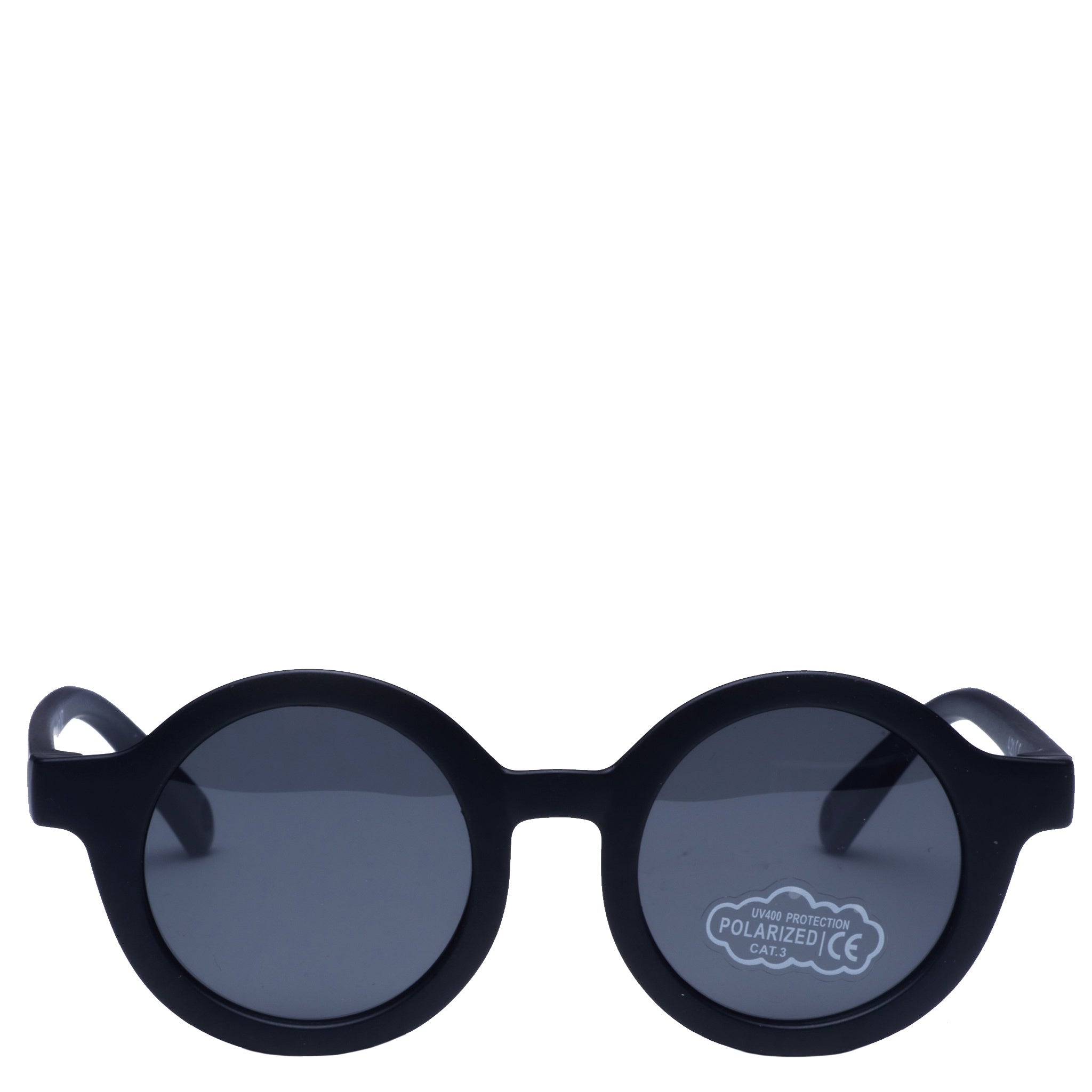 Black round sunglasses with a visible brand logo on a white background